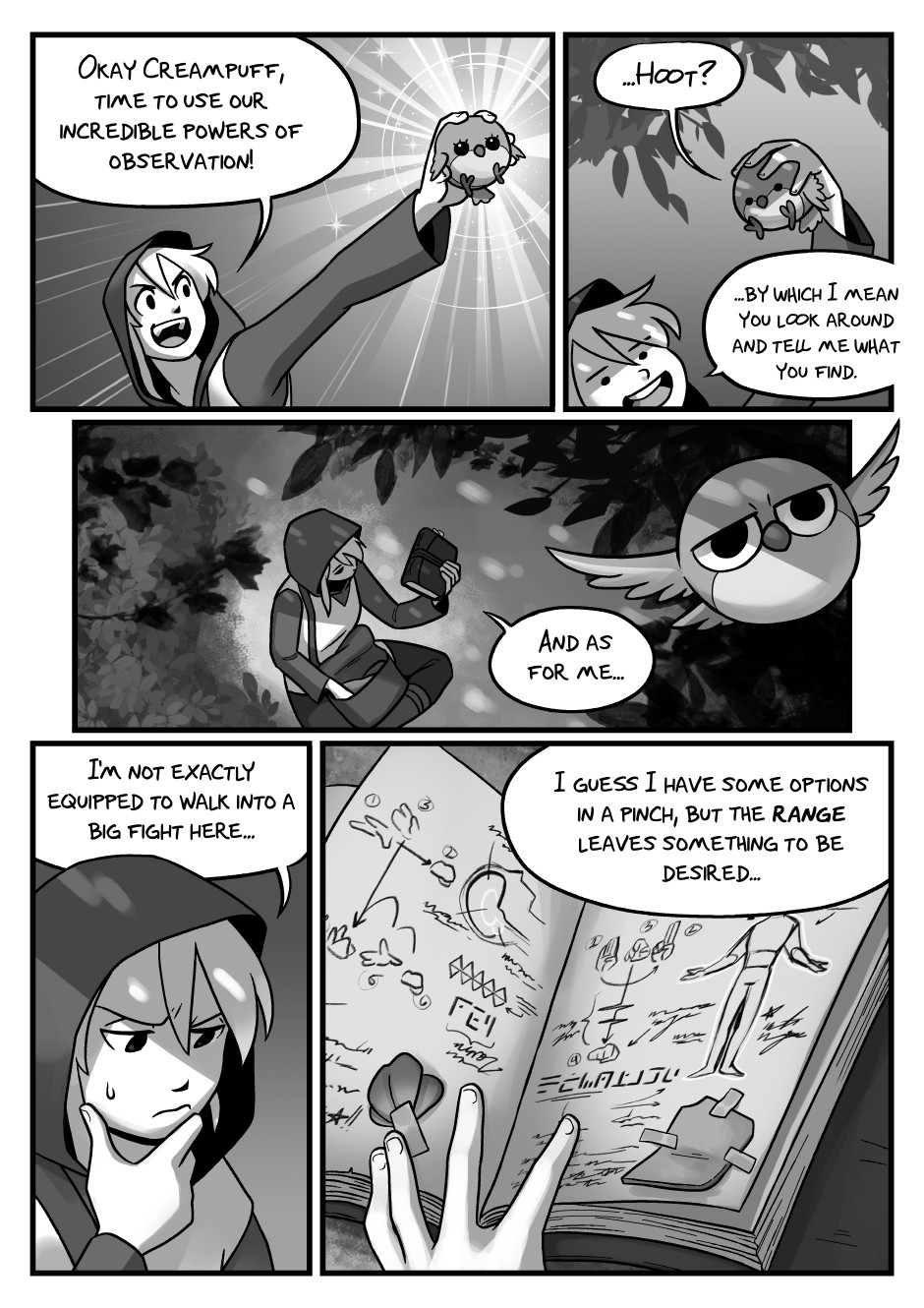 Comic page, depicting a woman sending her owl familiar ahead to scout the area, while she examines her spellbook and plans how to prepare for a mission.