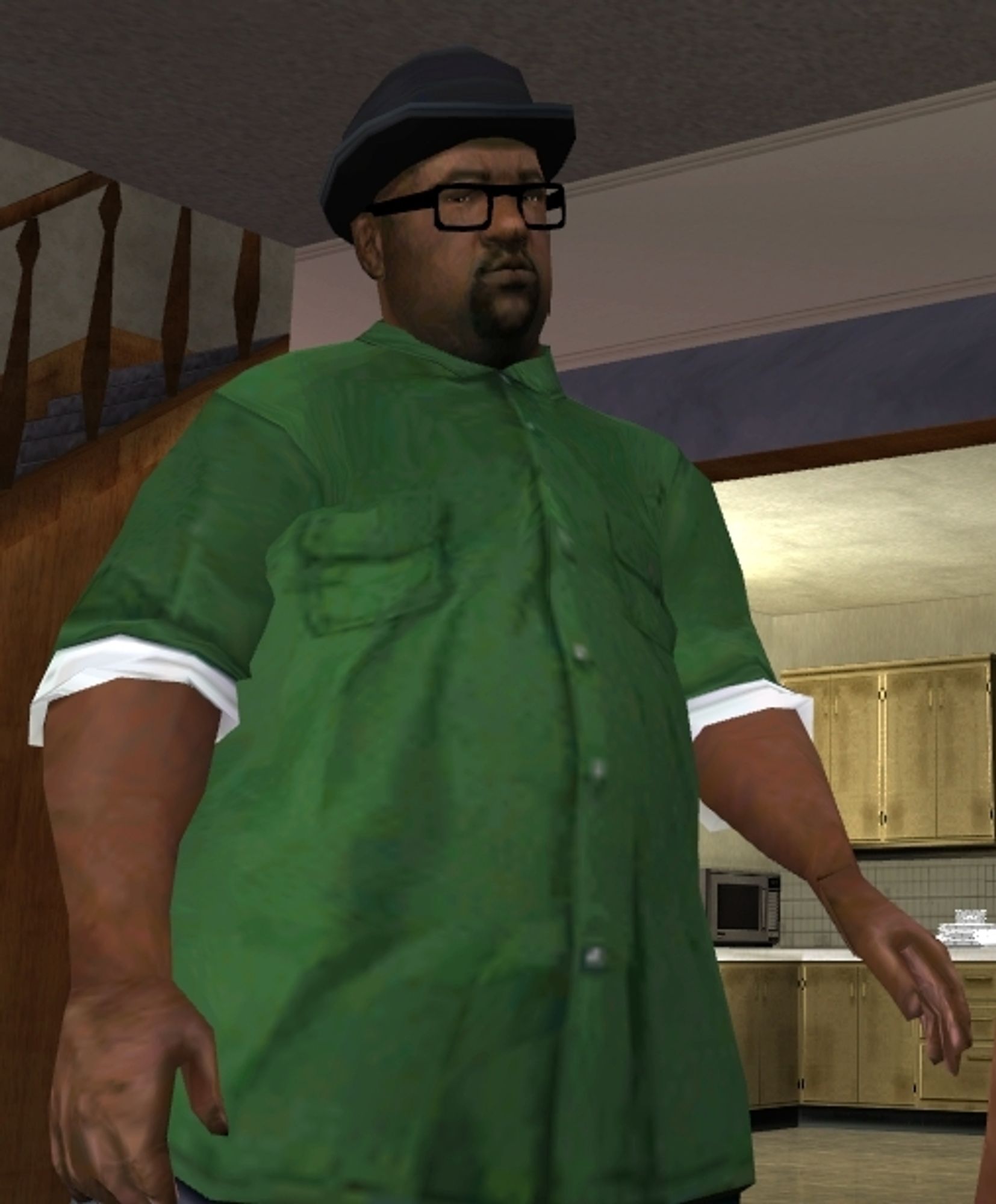 Big Smoke from GTA San Andreas. A fat man in a green button up shirt, with rolled up sleeves. He has black framed glasses and a bowler hat