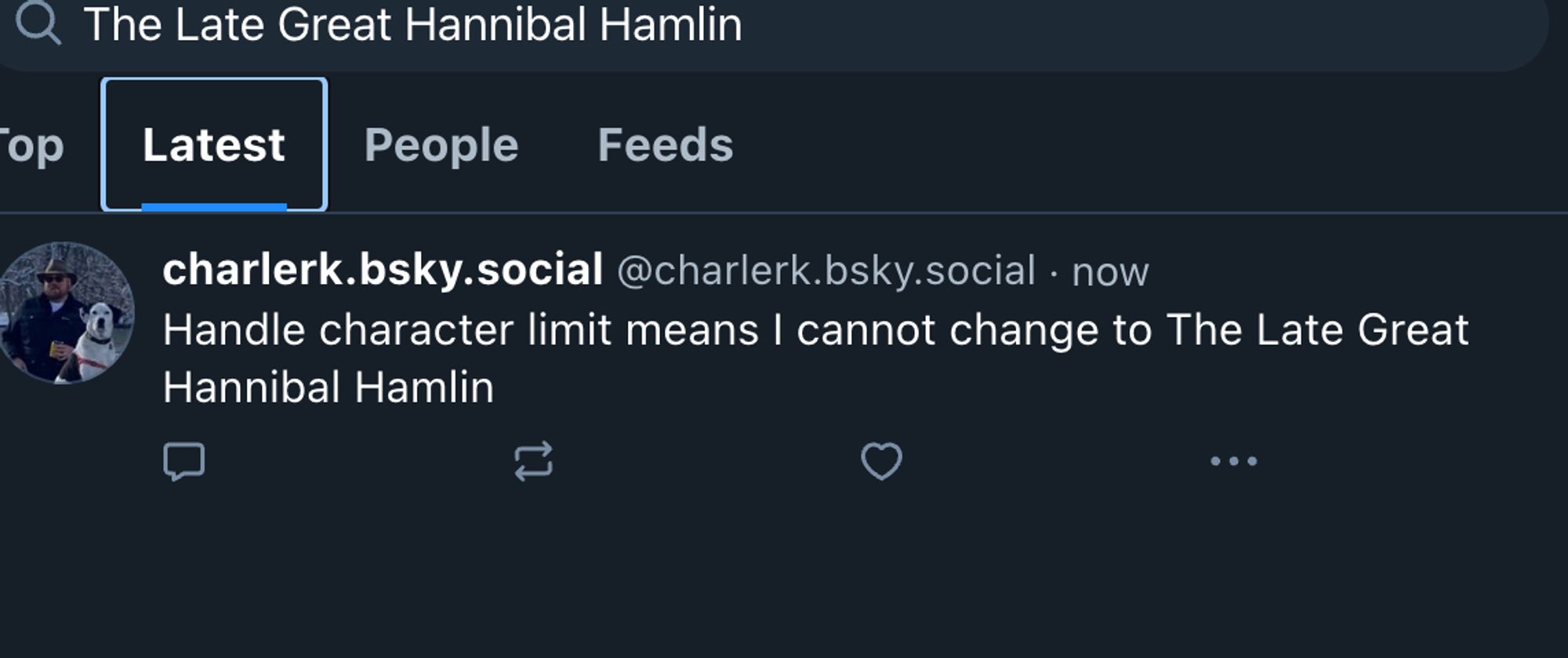 A search for late great Hannibal Hamlin showing only the preeceding tweet