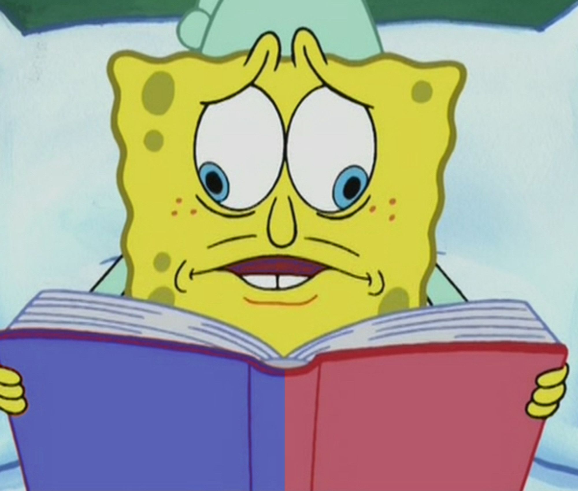 SpongeBob reading a book in two different directions in the most distressed looking way possible