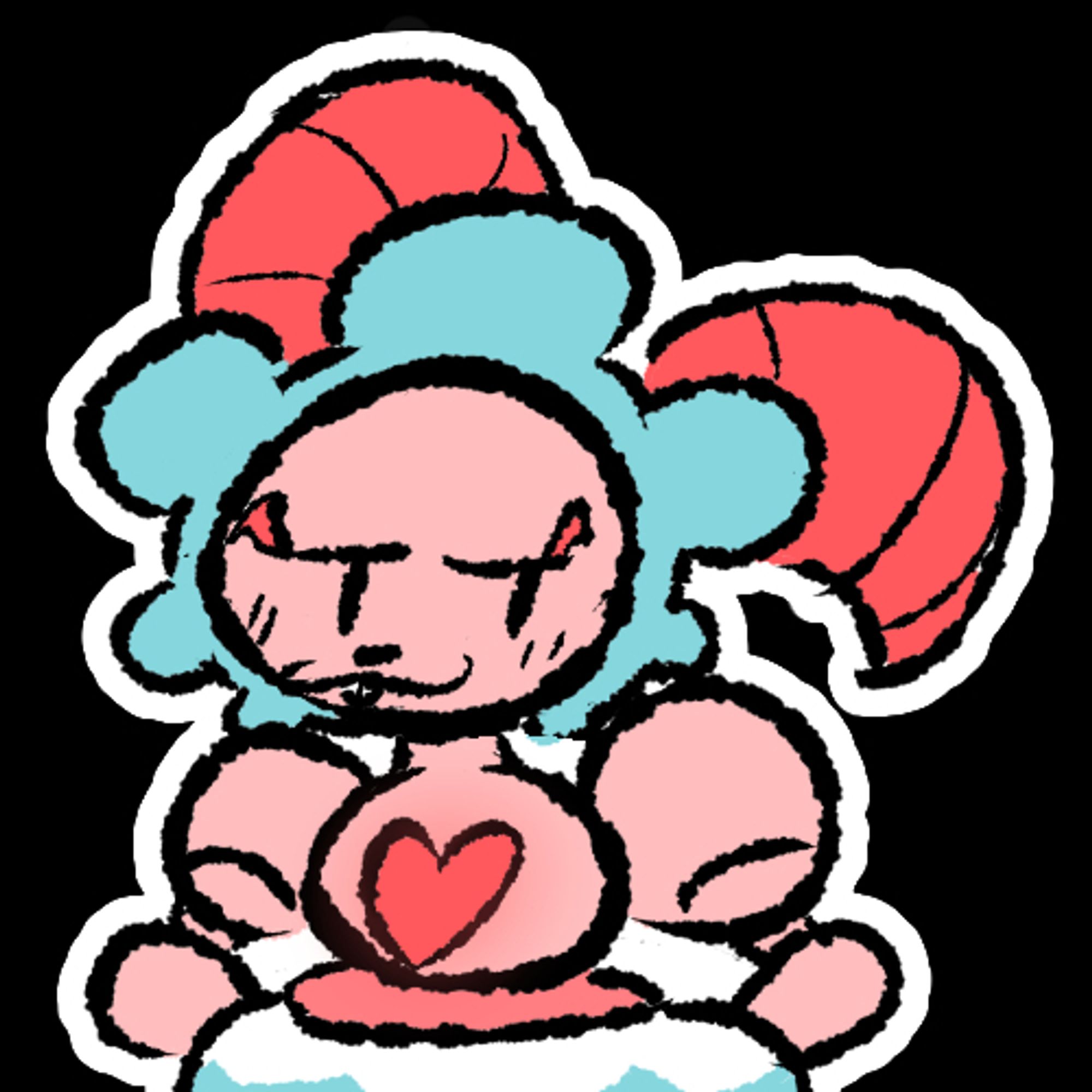 Sweetie the Magearna, a robo funny with a pink face, cyan bonnet, dark red ears and heart-core, and a white/cyan dress blushing