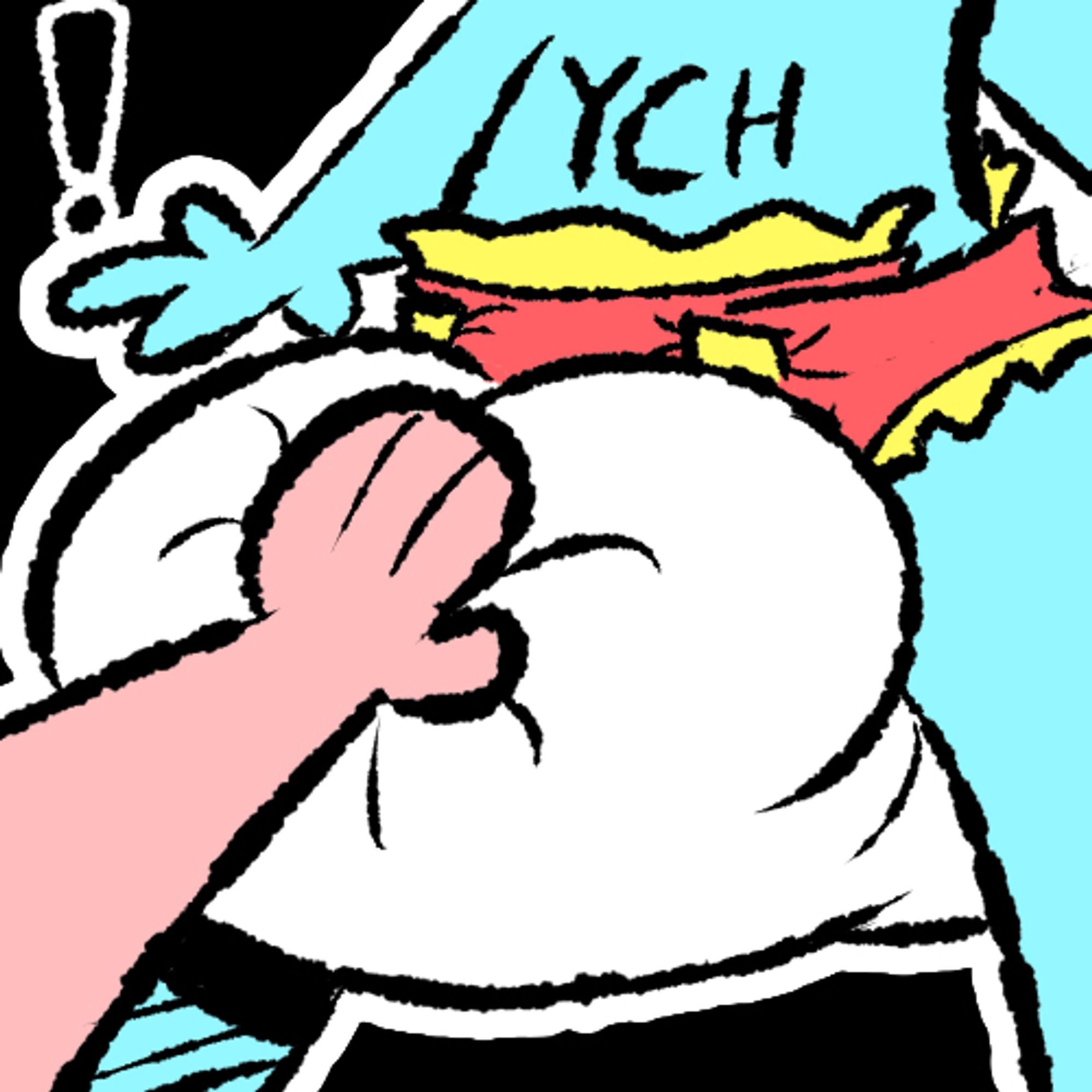 pink hand and arm squishing a white diaper with red flaps and yellow tapes/ruffles. The person wearing the dfiaper is blue, is shocked, and has the word "YCH" writen on them.