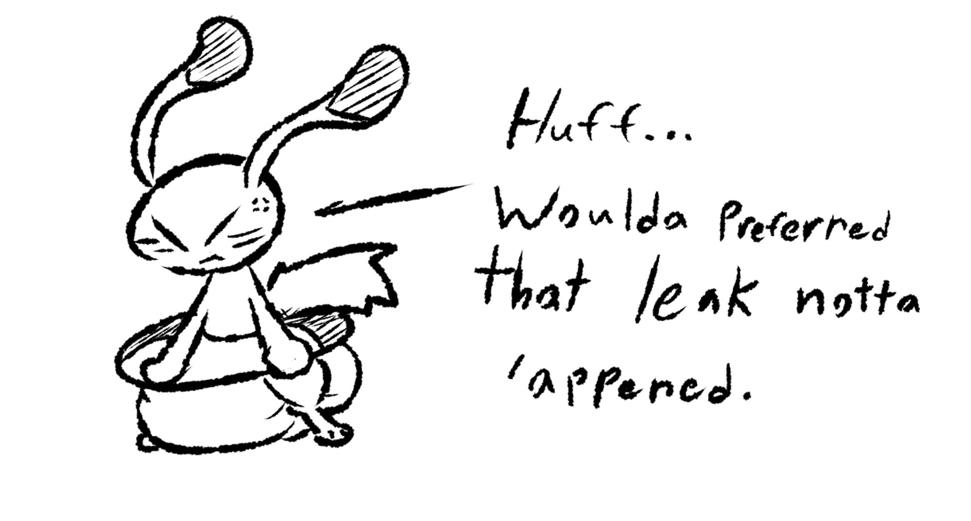 rabbit with thin ears and a thick tail. The tail is sticking out of a water tube.
Under the tube is a thick diaper hitting the ground.