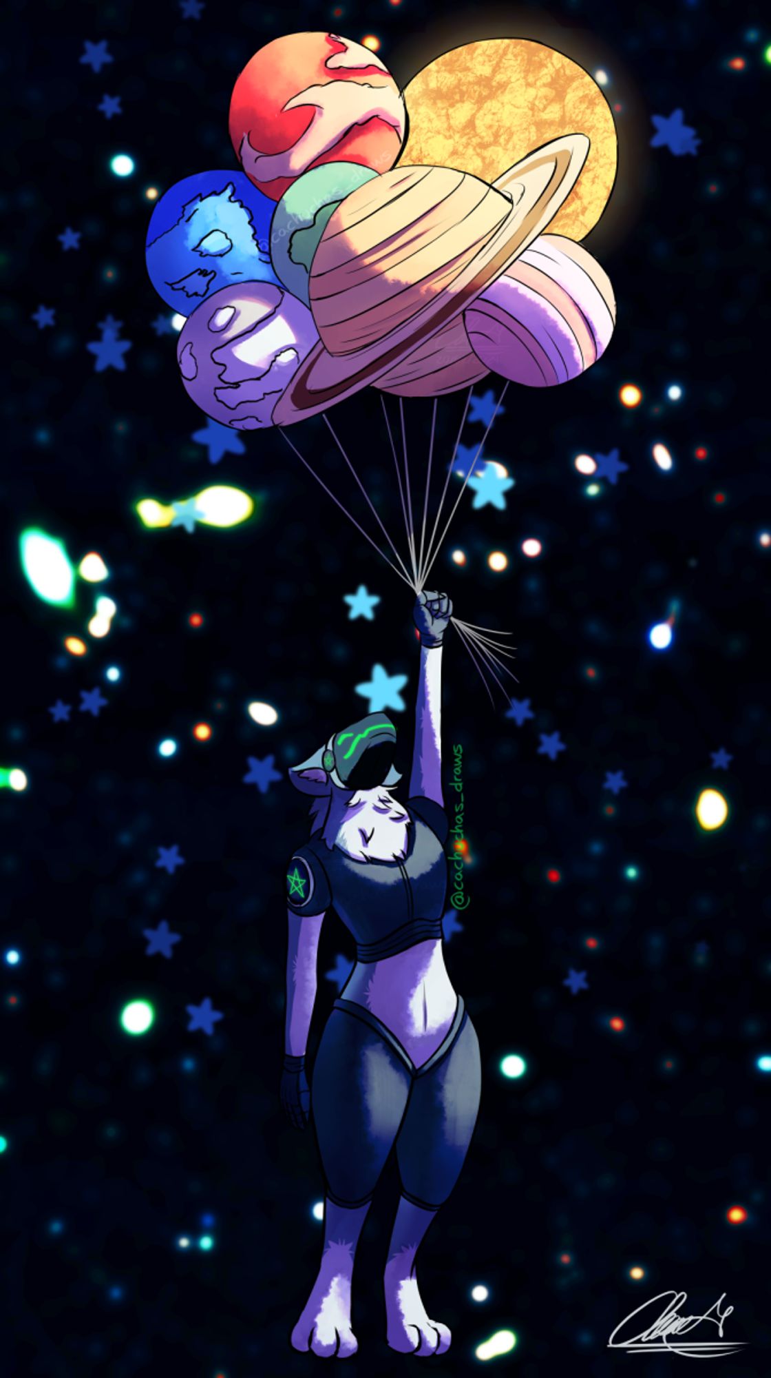 I drew a #PROTOGEN in #SPACE !!! YES!!! Lil planet balloons leading this lil fella into finding extraterrestial life :3     Headcannon is that protogens were designed with the idea to explore space, so this is perfect :>        #art #furry #digitalart #digitalillustration #balloons #planets