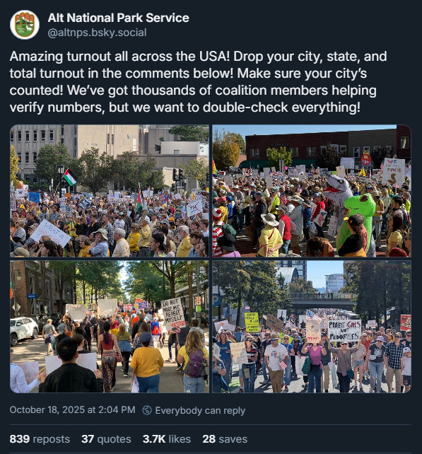 Alt National Park Service: Amazing turnout all across the USA! Drop your city, state, and total turnout in the comments below! Make sure your city’s counted! We’ve got thousands of coalition members helping verify numbers, but we want to double-check everything! [The post includes photos from No Kings protests. Three are from Charlotte, NC. One is from Iowa City]