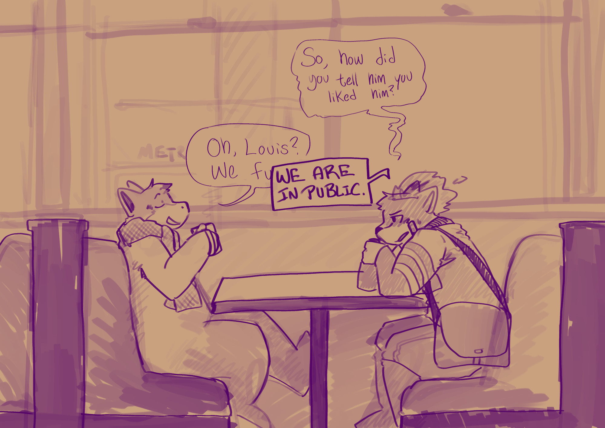 Two Quilavas (l: Blaise, r: Vulcan) are sitting in a cafe. Blaise is leaned back casually, while Vulcan is nervously hunched over the table. Vulcan asks "So, how did you tell him you liked him?" to which Blaise responds, "Oh, Louis? We fu--" The text is then cut off by Vulcan saying "We are in public."