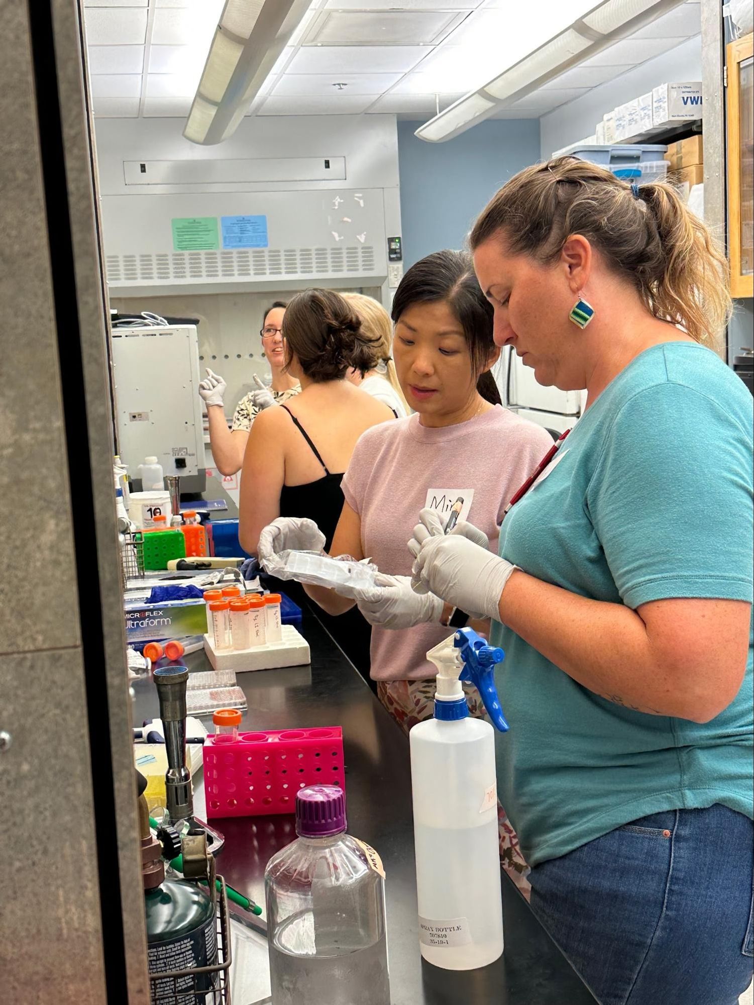 Five people wearing gloves stand next to a lab bench covered in laboratory equipment, including reagents, vials, pipettes, and tubes. This photo was taken during the Ocean Genes CURE workshop at the University of Georgia in late Summer 2023.