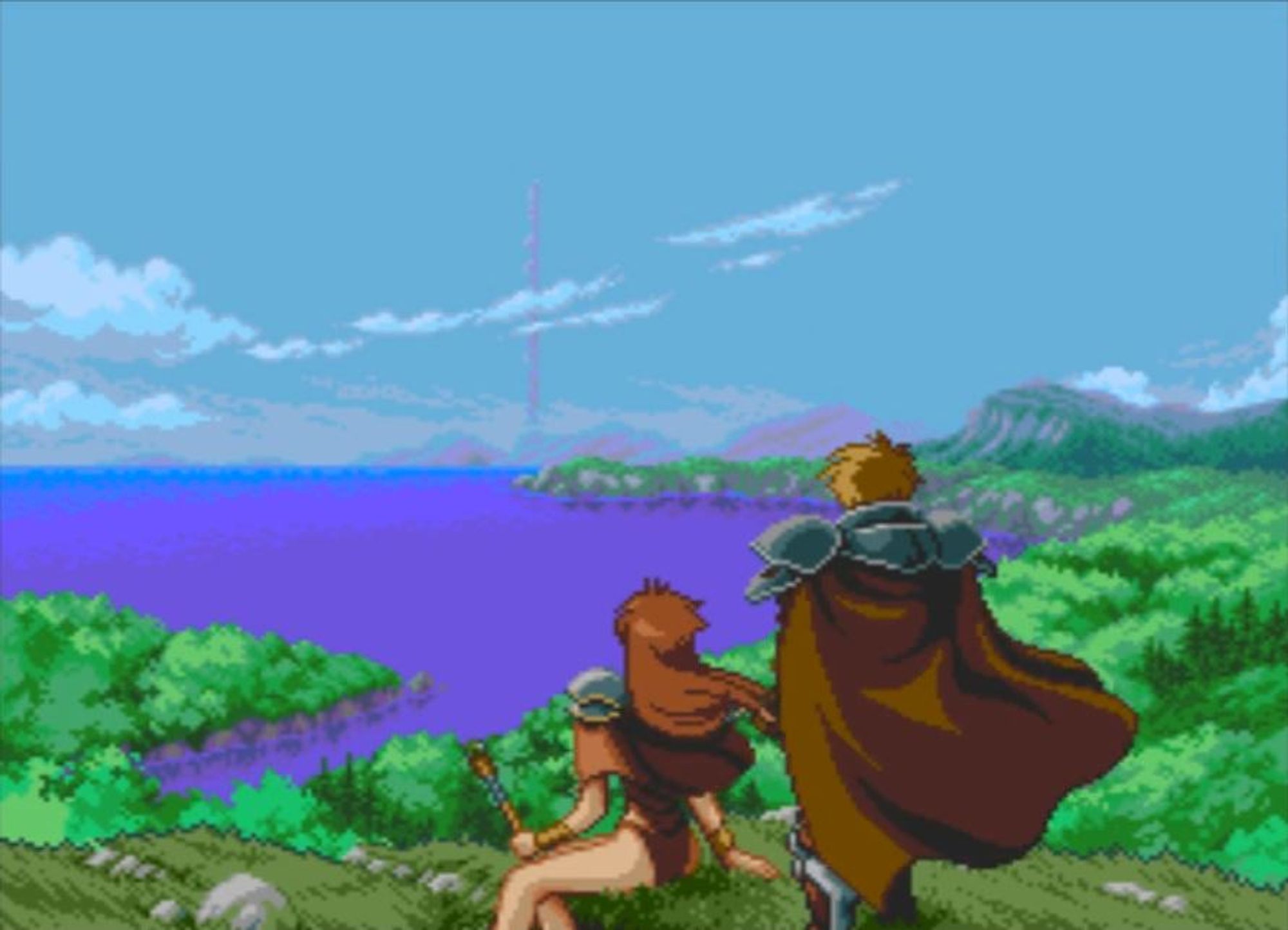 This shot is from the cinematic intro complete with its own score and animation work to get players in the mood for the adventure ahead. The game itself featured Nihon Falcom's top-down, bump combat formula and characters (along with their gear) improved simply through playing the game via combat and use.