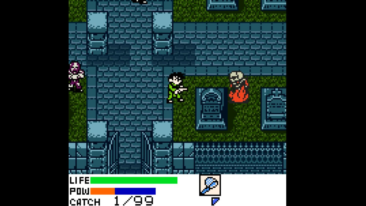 Battling in a cemetery! A skeleton rises from fire while a zombie on the left wanders about. Our hero is in green in the center.