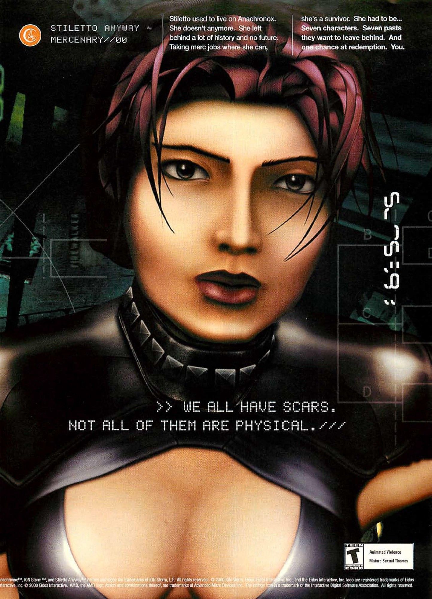 Stiletto features on this page with text that reads "We all have scars. Not all of them are physical." hinting at the game's focus on resolving each character's inner demons during the adventure. 

Other text at the top of the page described her role as someone that "used to live on Anachronox" and "left behind a lot of history and no future" as she joins "Seven characters. Seven pasts they want to leave behind. And once chance at redemption. You."

Rated "T" for "Teen"!