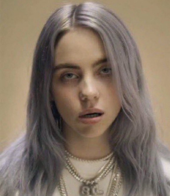 Billie Wilish with gray hair and a kinda dopey look on her face. 