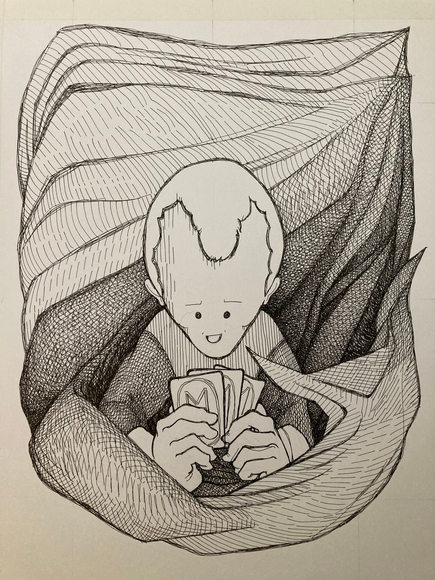 Mourn the Game illustration, lots of cross-hatching, one third rendered