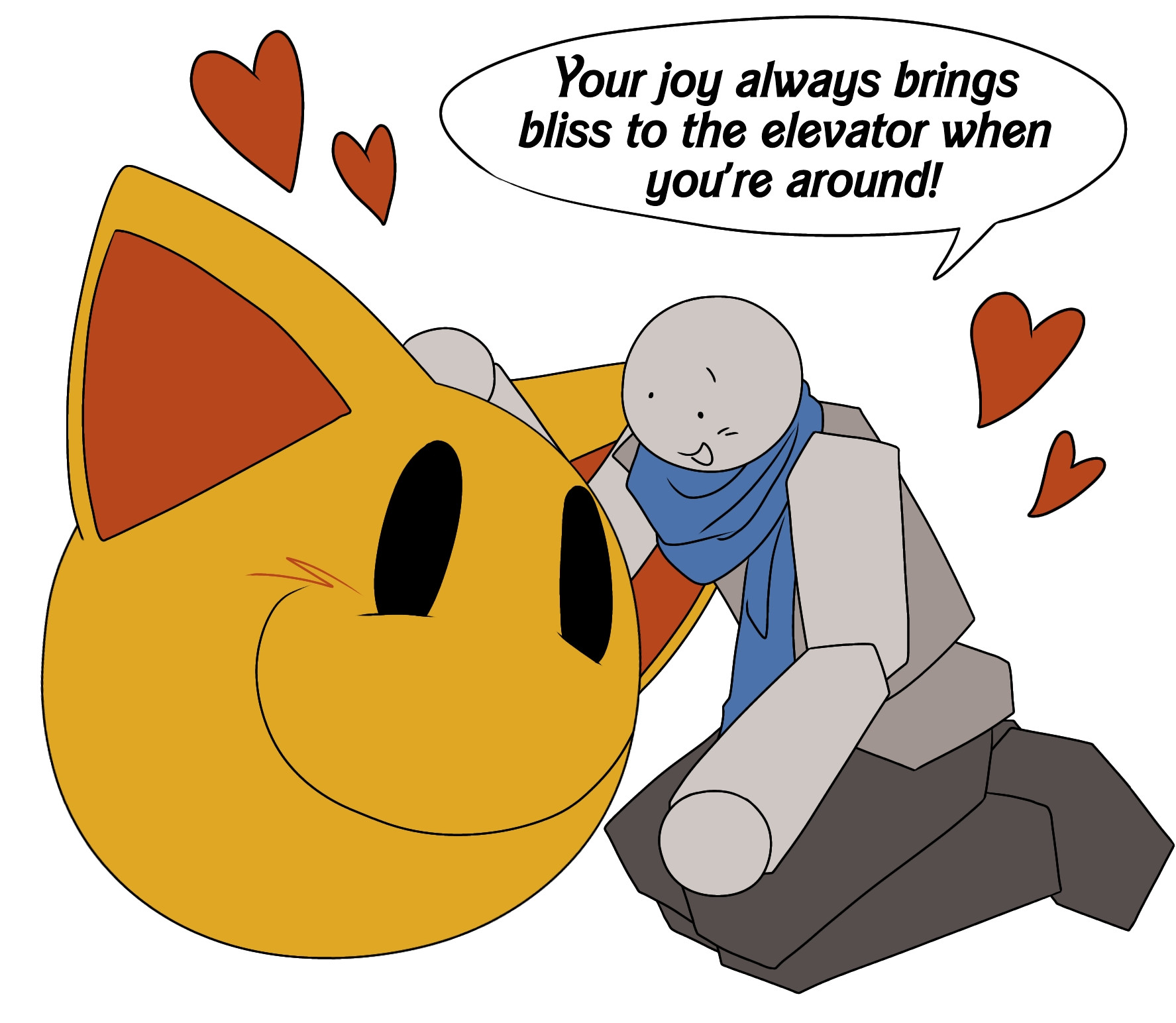 A digital drawing of Wallter and DrRETRO from Regretevator. Wallter is kneeling down, one hand rested on top his knees and the other petting DrRETRO's head. Wallter says "Your joy always brings bliss to the elevator when you're around!" The both of them smiling and blushing, hearts surrounding them.