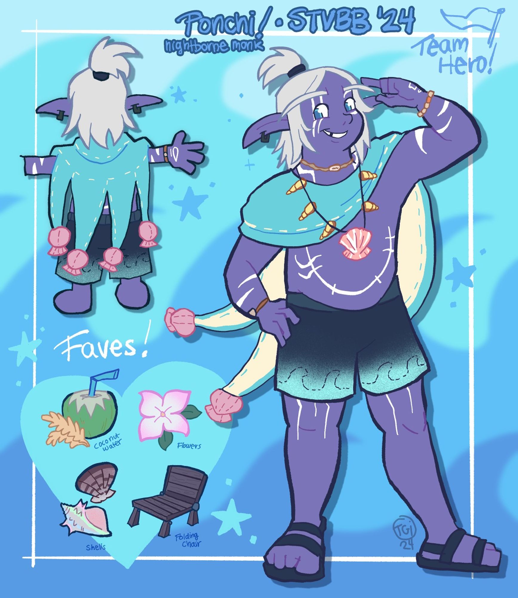 Reference sheet of a Nightborne elf with a sea-inspired beach look. Ref includes a front and back image along with some of his favorite things.