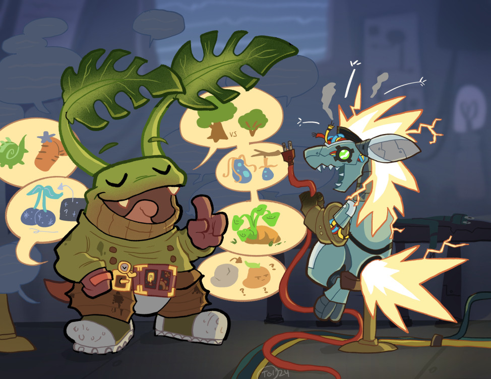 Two neopets standing in a workroom: one, a woodland grundo, is ranting about various flora and fauna. A robot Kyrii looks to be frying out in an attempt to listen and process all the information.