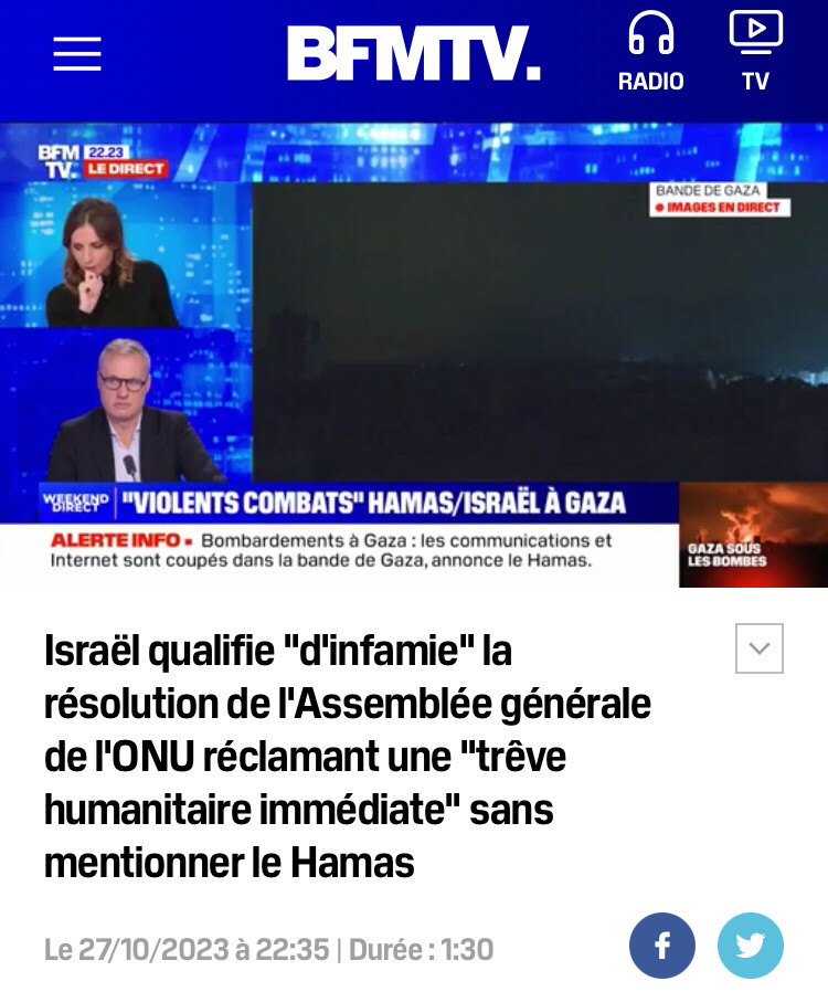 Israël qualifie "d'infamie" la résolution de l'Assemblée générale de l'ONU réclamant une "trêve humanitaire immédiate" sans mentionner le Hamas (BFMTV)