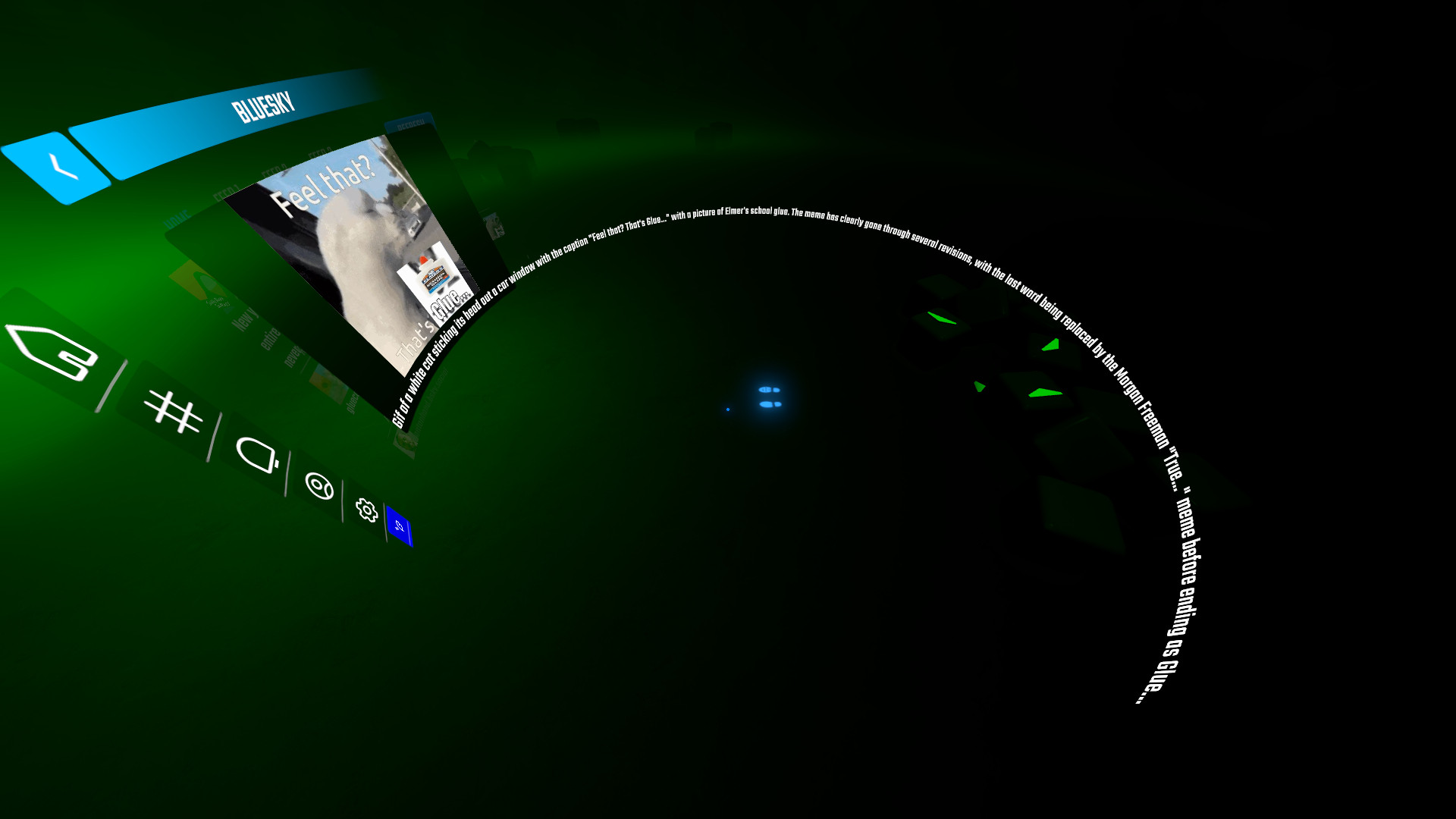 bsky beat saber mod, an image (i forget whose) is enlarged, alt text is below it, wrapping very far around the playspace center