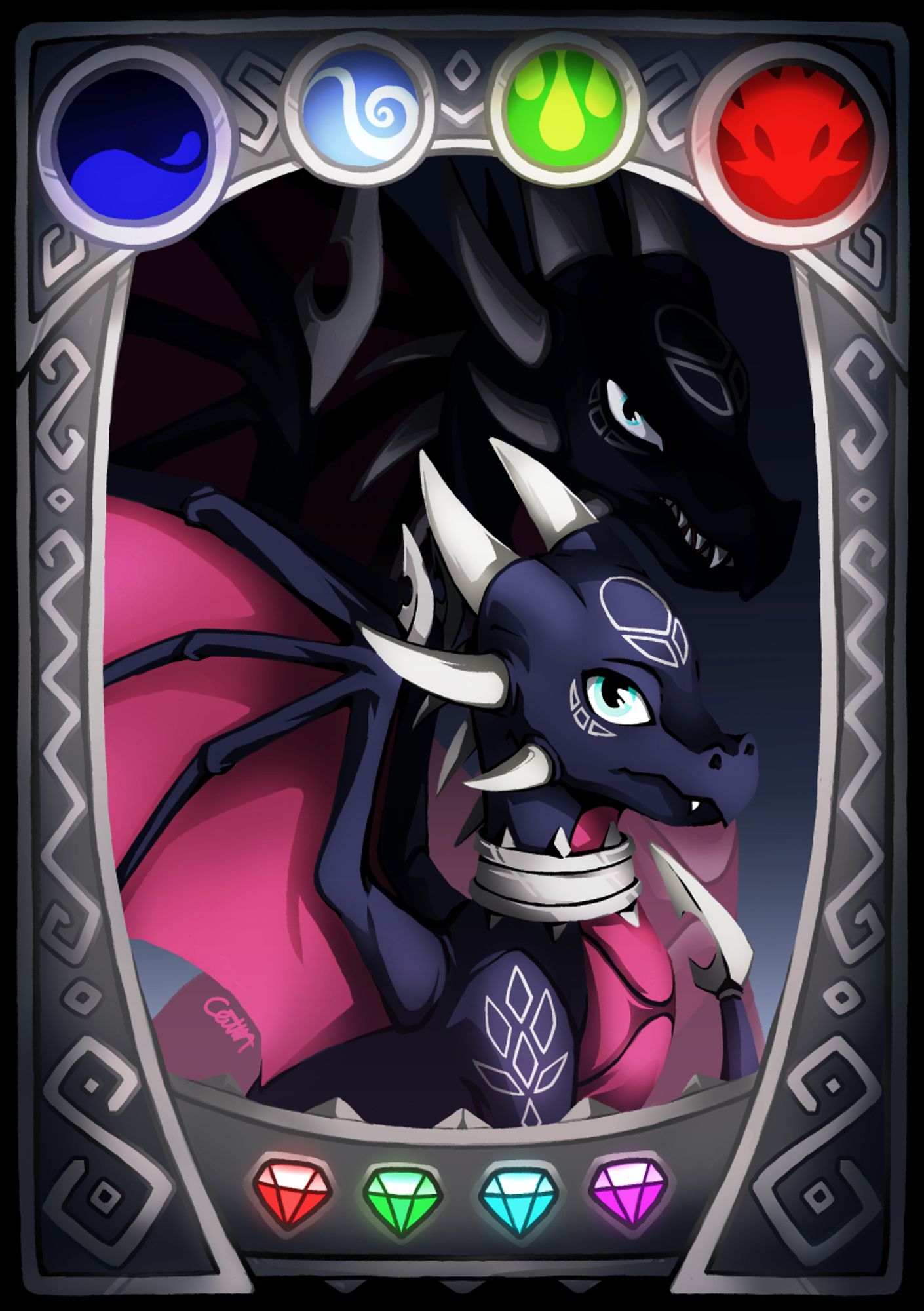 An illustration of Cynder the dragon. She is sitting in front of a the corrupted adult version of herself. There is a silverborder around the whole picture, with the top of the border featuring the elemental symbols for Cynder's elements in the Legend of Spyro games (Shadow, Wind, Poison and Fear). The bottom of the border features four different colours of gems.