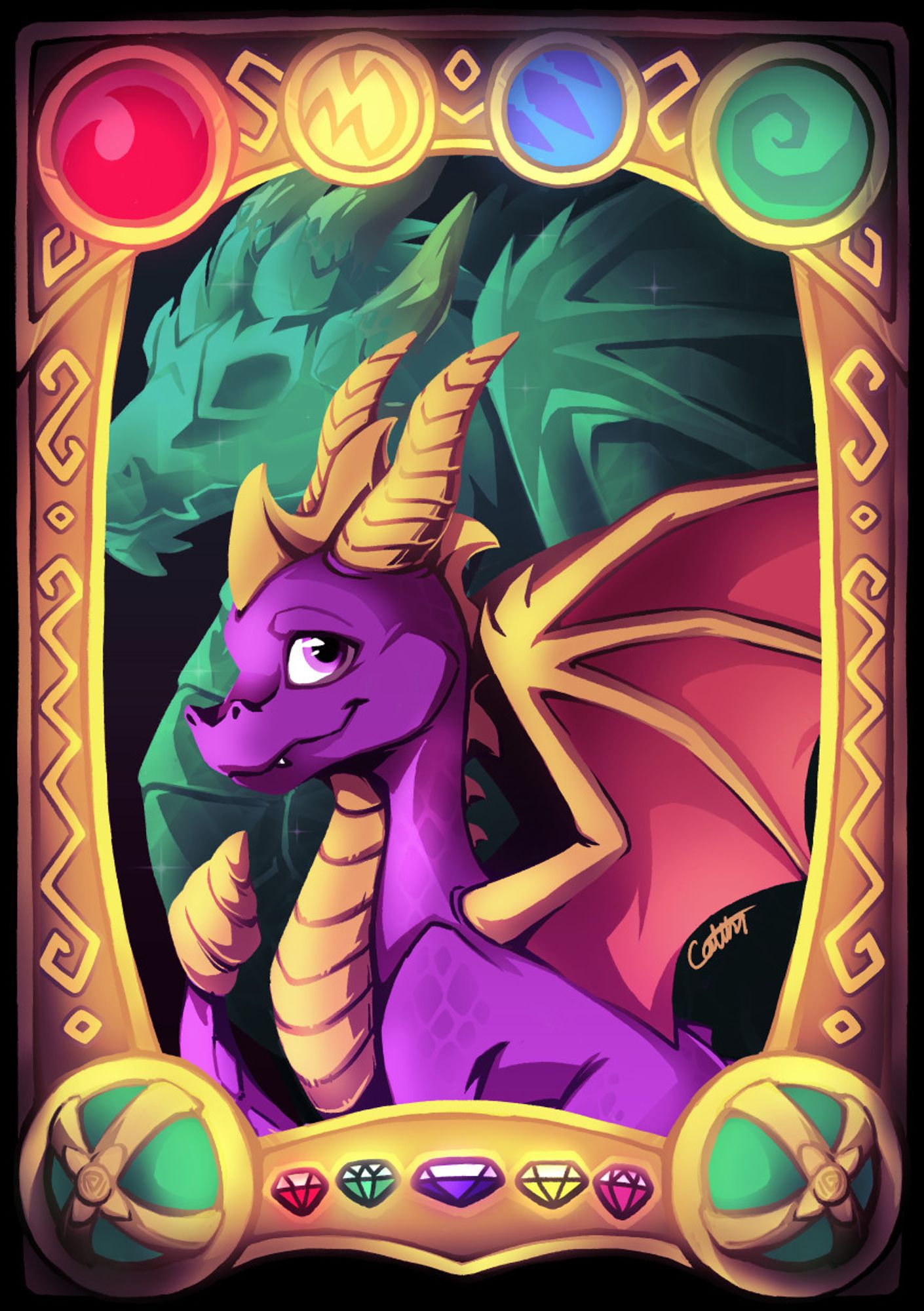 An illustration of Spyro the dragon. He is sitting in front of a green crystalised dragon. There is a golden border around the whole picture, with the top of the border featuring the elemental symbols for Spyro's elements in the Legend of Spyro games (fire, electricity, ice and earth). The bottom of the border has two orbs and five different colours of gems.