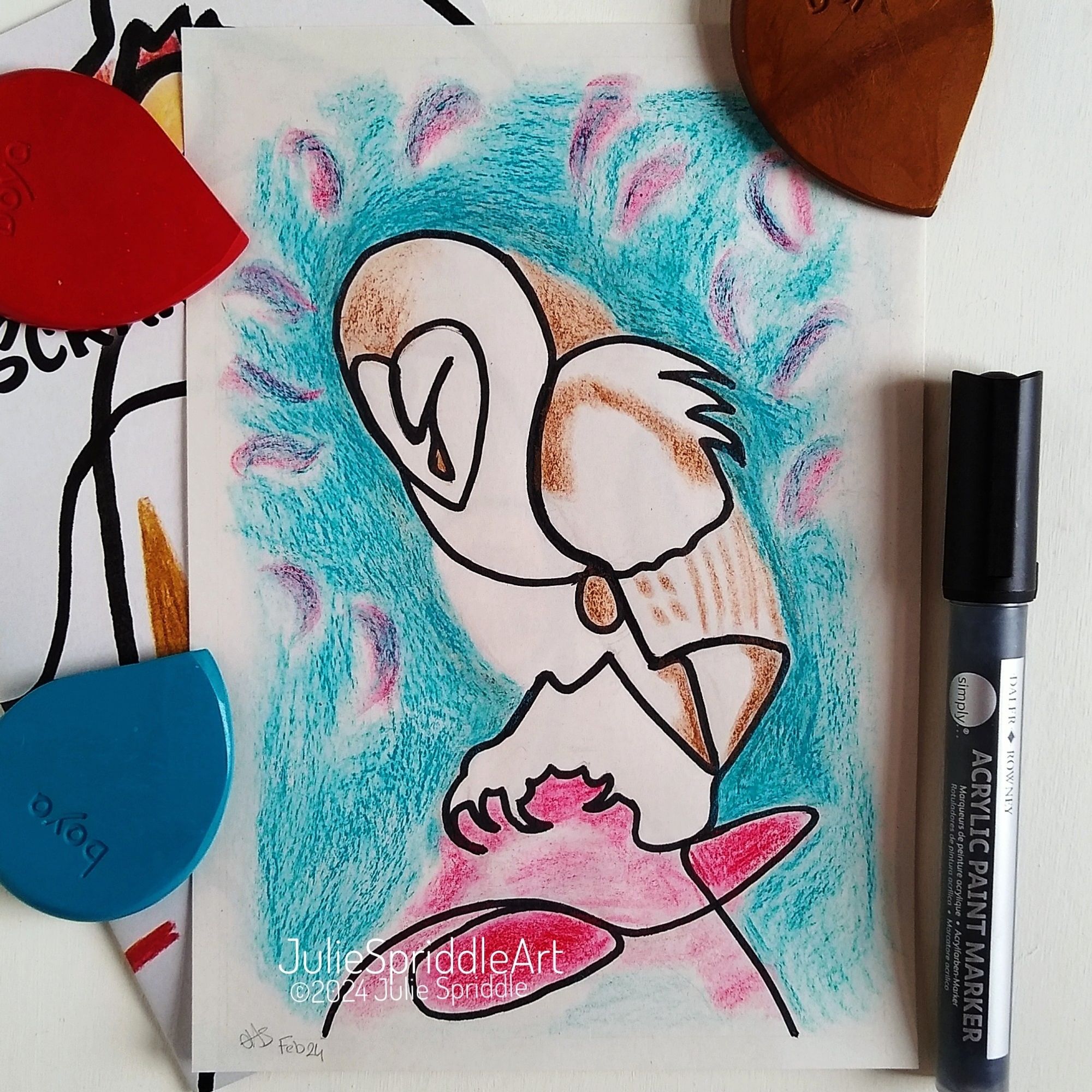 An abstract style drawing of an owl. Created by JulieSpriddleArt.