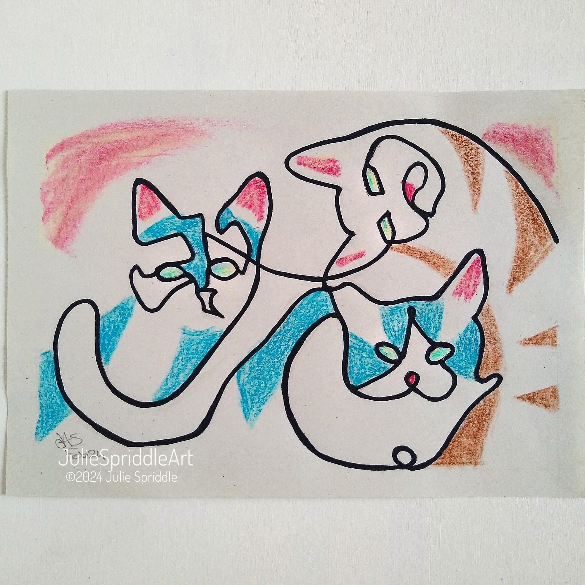 Abstract continuous line drawing of three cats. Illustration created by JulieSpriddleArt.