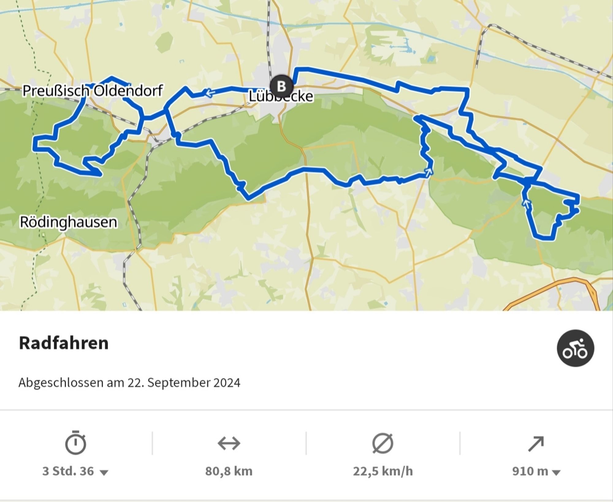 Screenshot der heutigen Radtour, mit Streckenverlauf und ein paar Daten. 
Fahrzeit 3:36 Stunden. 
Strecke: 80,8 km. 
Durchschnitt: 22,5 km/h
Höhenmeter: 910 Meter