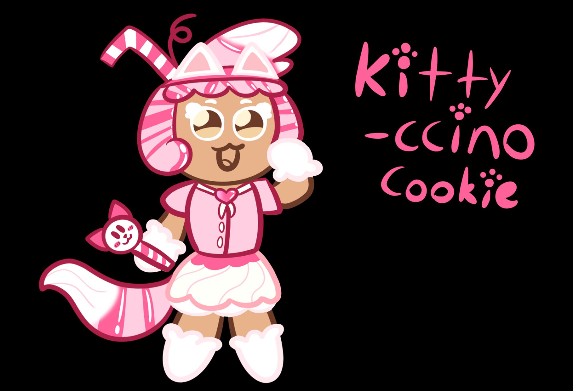 Kitty-ccino cookie always seemed a little too flashy and overzealous, mainly because she was baked with more syrup and sugar in her dough than coffee. She has always loved magic, but less the types they teach at the Parfaedia Institute, and more of the kind she's been watching on TV since she was freshly baked. Cookies in cute outfits fighting the forces of darkness with the powers of love, friendship, and sweetness are what she lives for! Instead of focusing on the boring calculations of coffee magic, she aims to practice the most sweet and colorful spells of dessert magic to become a magical girl herself. With a cute decorated candy wand in her hand, she plans to fight evil and all who stand against the name of justice!