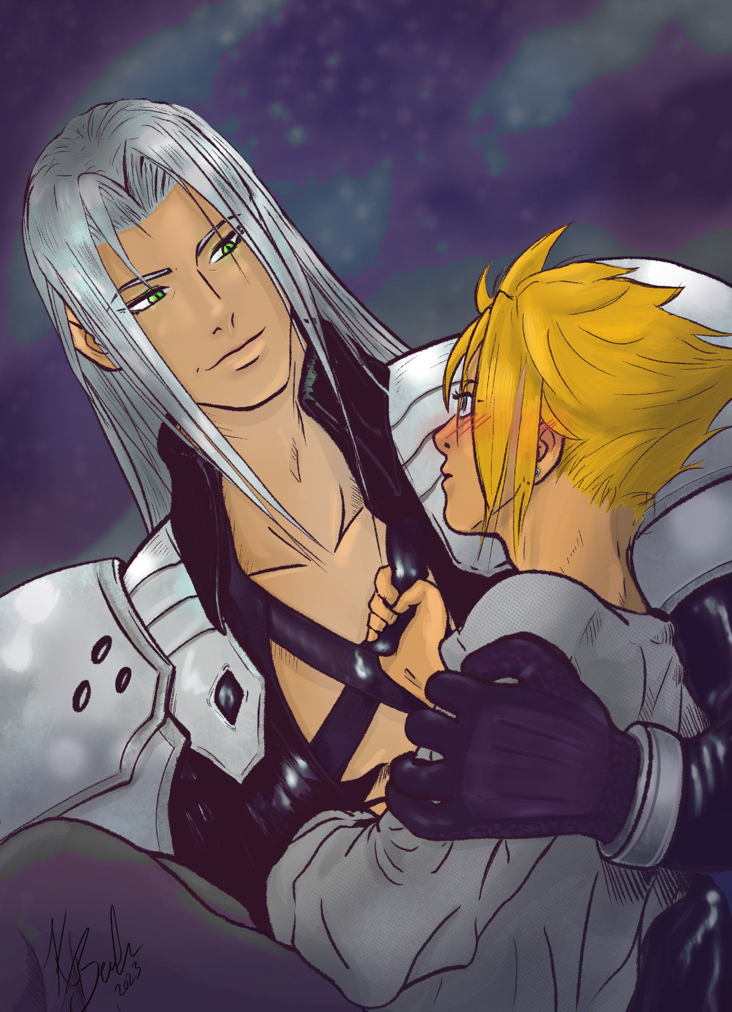 two characters from the game final fantasy 7. Sephiroth is smirking while carrying Cloud in his arms who is blushing.