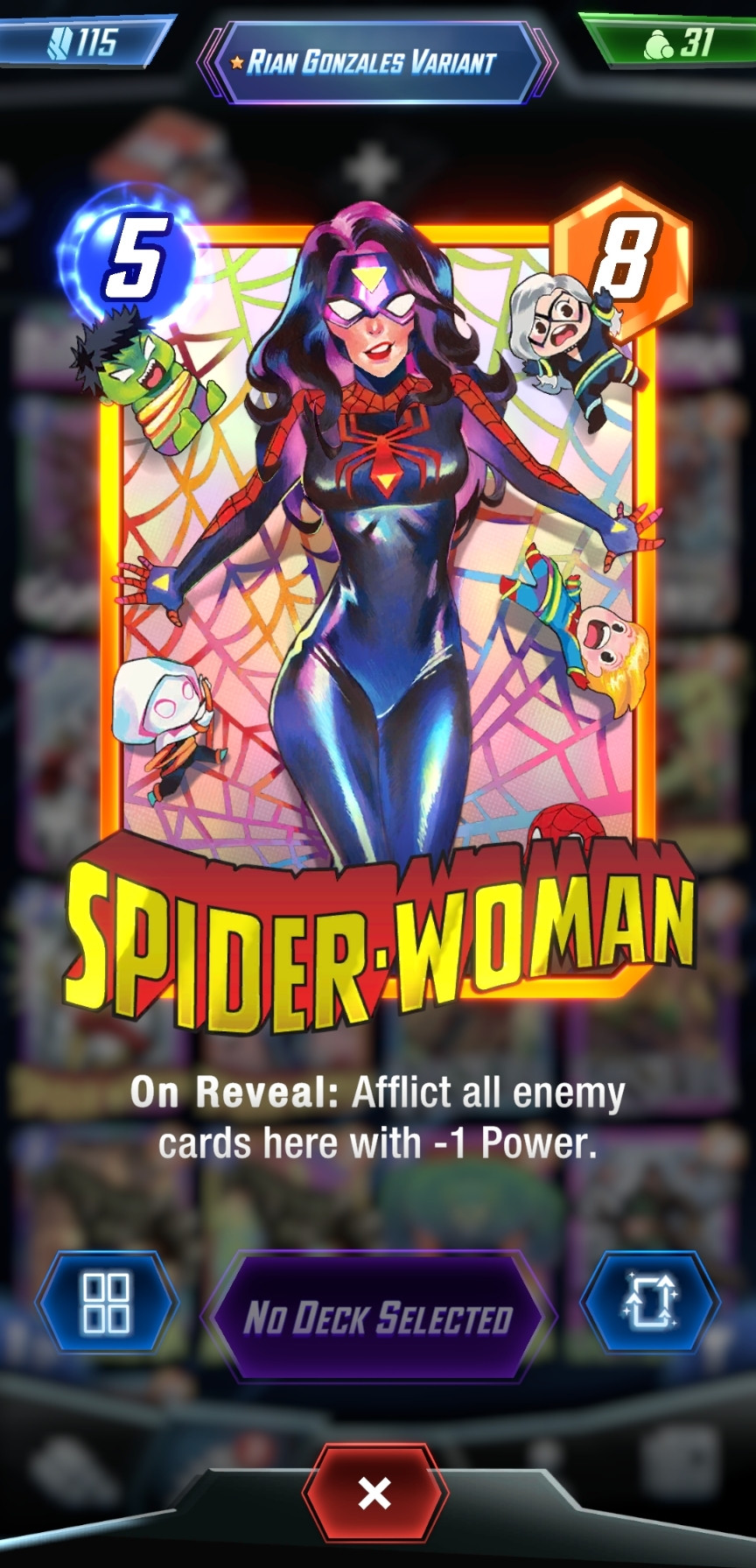 A Spider-Woman card from Marvel Snap. It is labeled as a Rian Gonzales variant. Jessica wears her black and red costume from her 2020 series. She is surrounded by doll like figures of Hulk, Ghost-Spider, Black Cat, Carol Danvers, and just off screen Spider-Man.