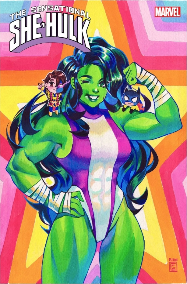 Sensational She-Hulk #1 (2023) Rian Gonzales variant cover. Jen is in her hulk form standing in front of a multicolor pastel star. Doll like figures of Jack of Hearts and Hellcat on are either shoulder