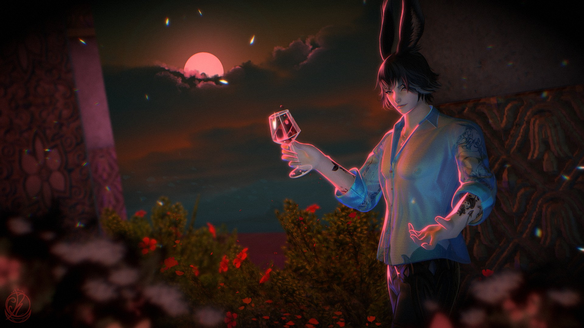 A viera welcoming you with a confident smile, he holds a glass of wine in hand leaning on the garden pillar. Its contents shimmers in the late evening sun.