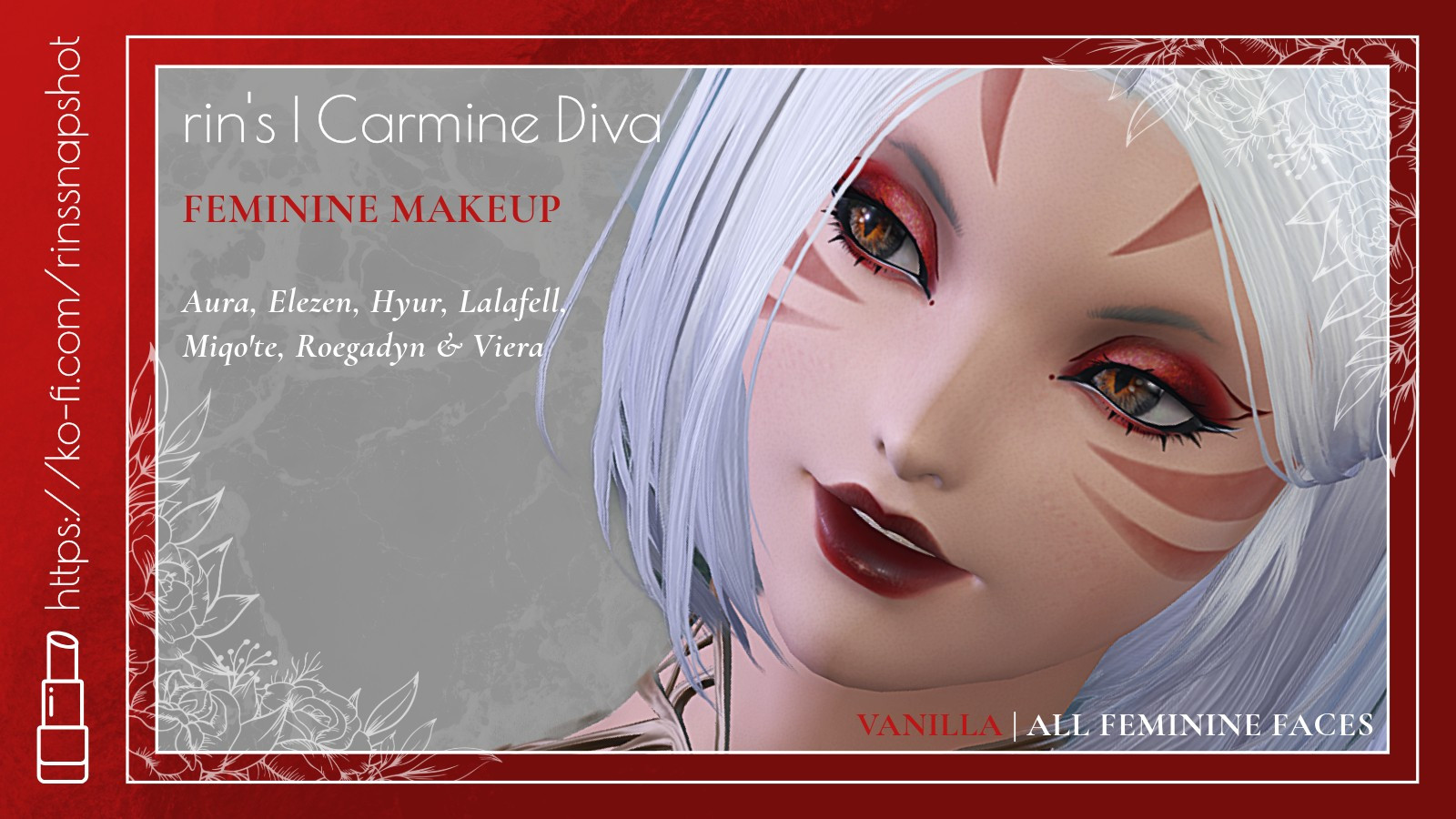 Promotional Image showing Rin's Carmine Diva make up look on a Miqo'te. 