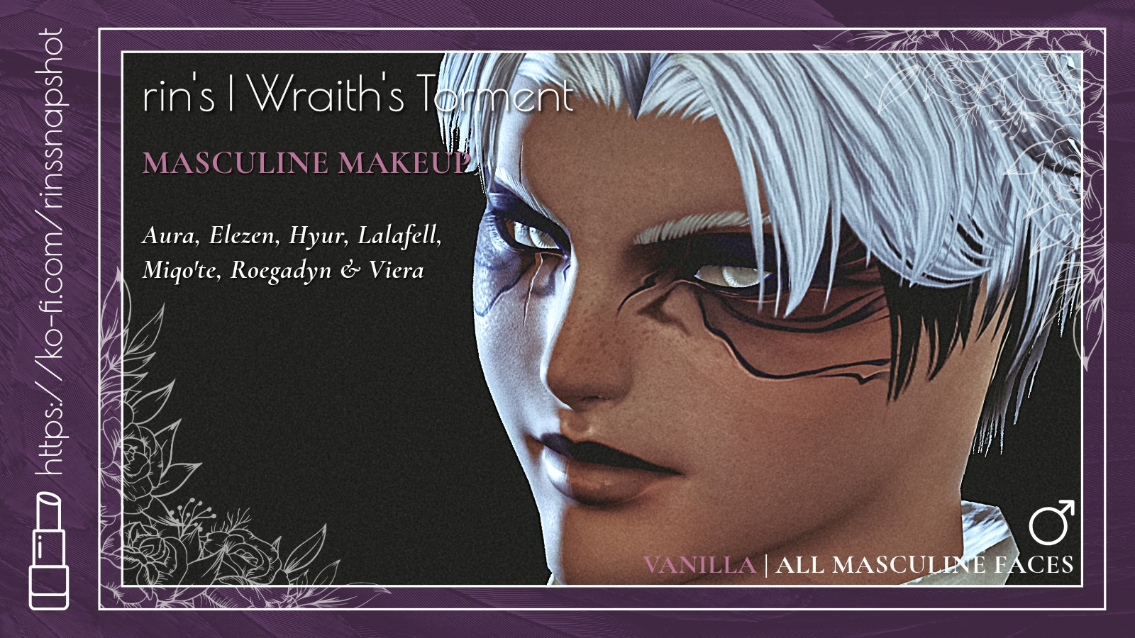 Promotional image for Rin's wraith makeup on a masculine miqo'te. 