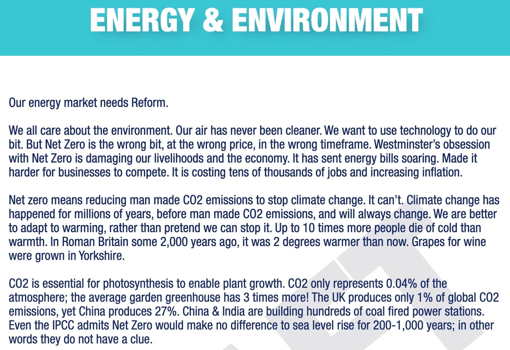 Screenshot of Reform UK’s energy & environment ‘policy'