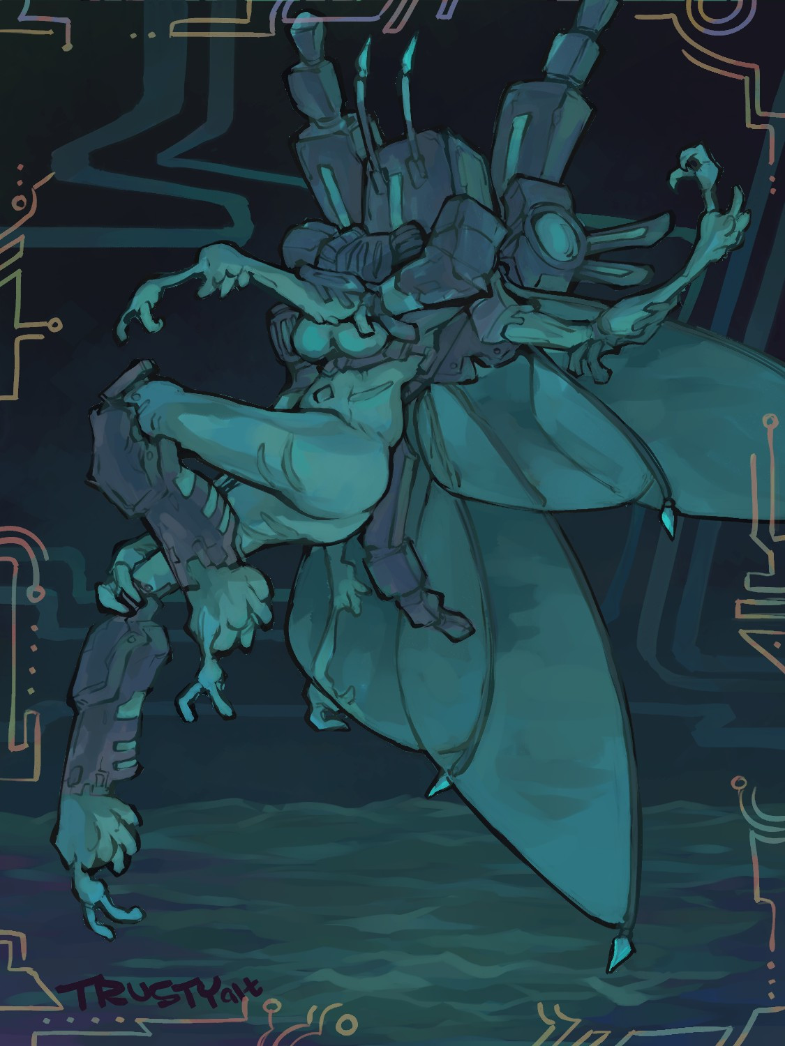 digital illustration of a mindflayer from ultrakill with butterfly features, in a turquoise color