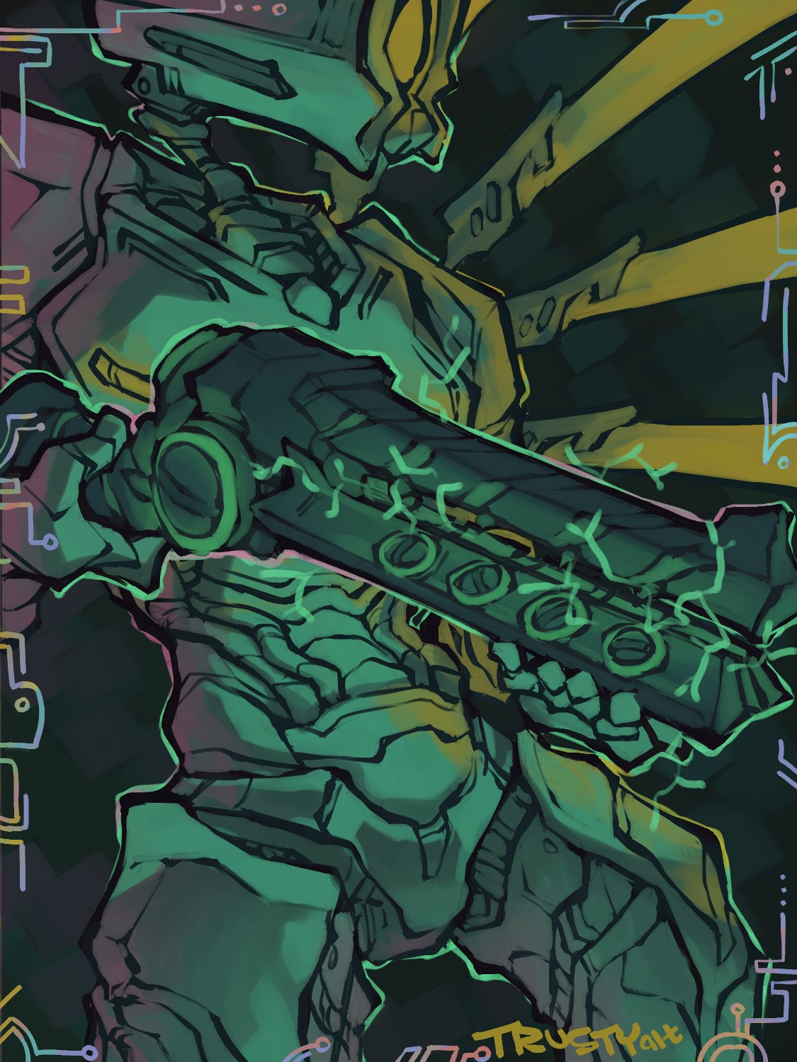 digital illustration of a closeup shot of v1 ultrakill holding the screwdriver, its in a teal lighting