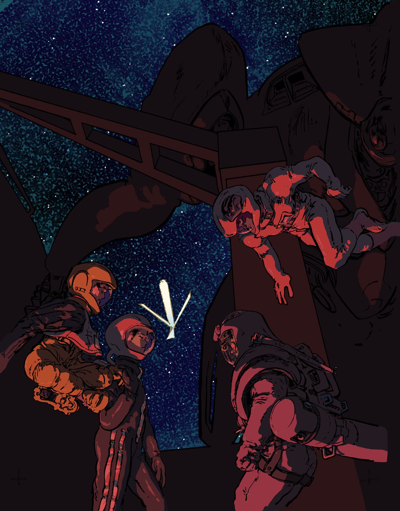 Lit by a red emergency light, four figures in spacesuits huddle together. In the background is the silhouette of a giant robot, and behind that, the starry void of space, and an O'Neill cylinder, a space colony.