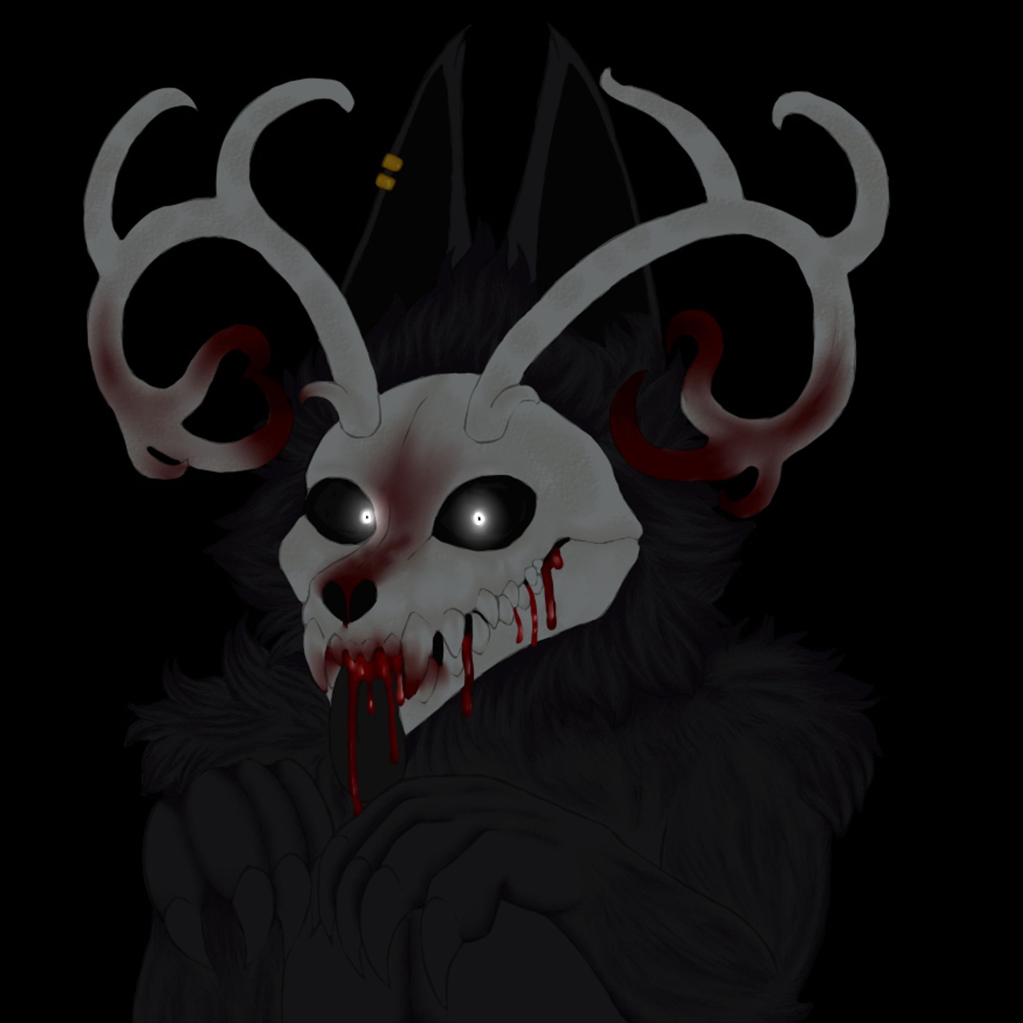 Extremely dark artwork of Obbi, a skulldog wendigo mix character that usually depicts myself and my diagnosis of ODD. He has black fur, and bone white skull and antlers, and in this case has some blood dripping from his face and horns