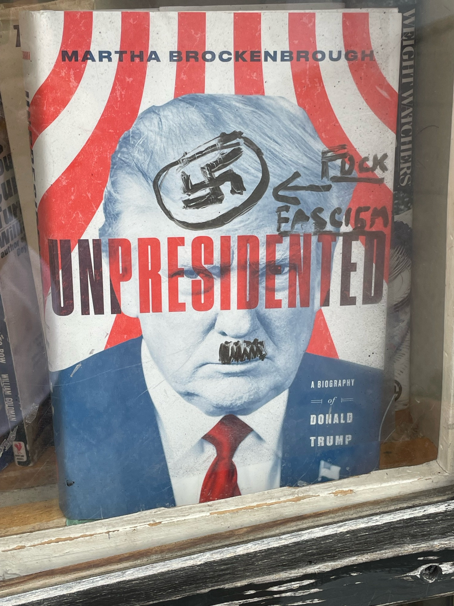 Close-up of book facing out of little free library; picture on cover is of Trump and someone has put a Hitler mustache and swastika on him and written “fuck fascism” in black marker