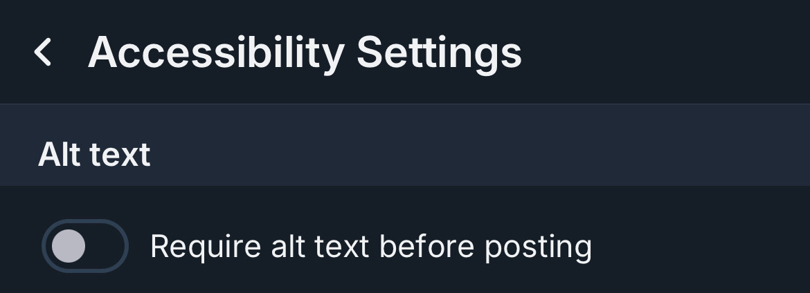 The top portion of Bluesky's Accessibility settings, showing a toggle that reads "Require alt text before posting"