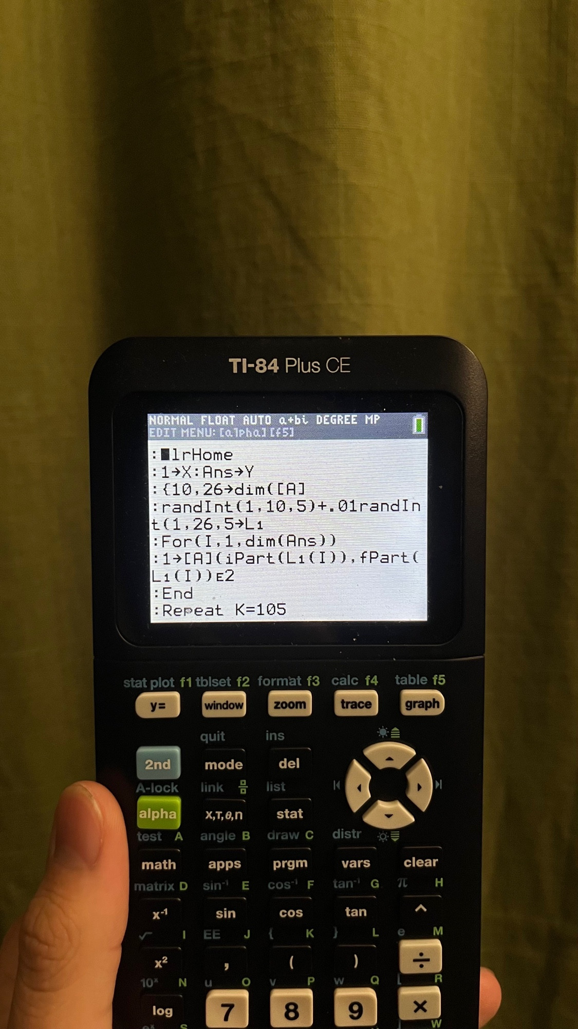 A TI-84 Plus calculator editing a program.