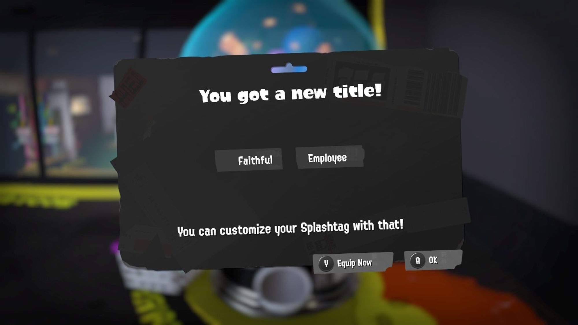 Screenshot from Splatoon 3 showing the new title I pulled from the Shellout Machine which reads "Faithful Employee".