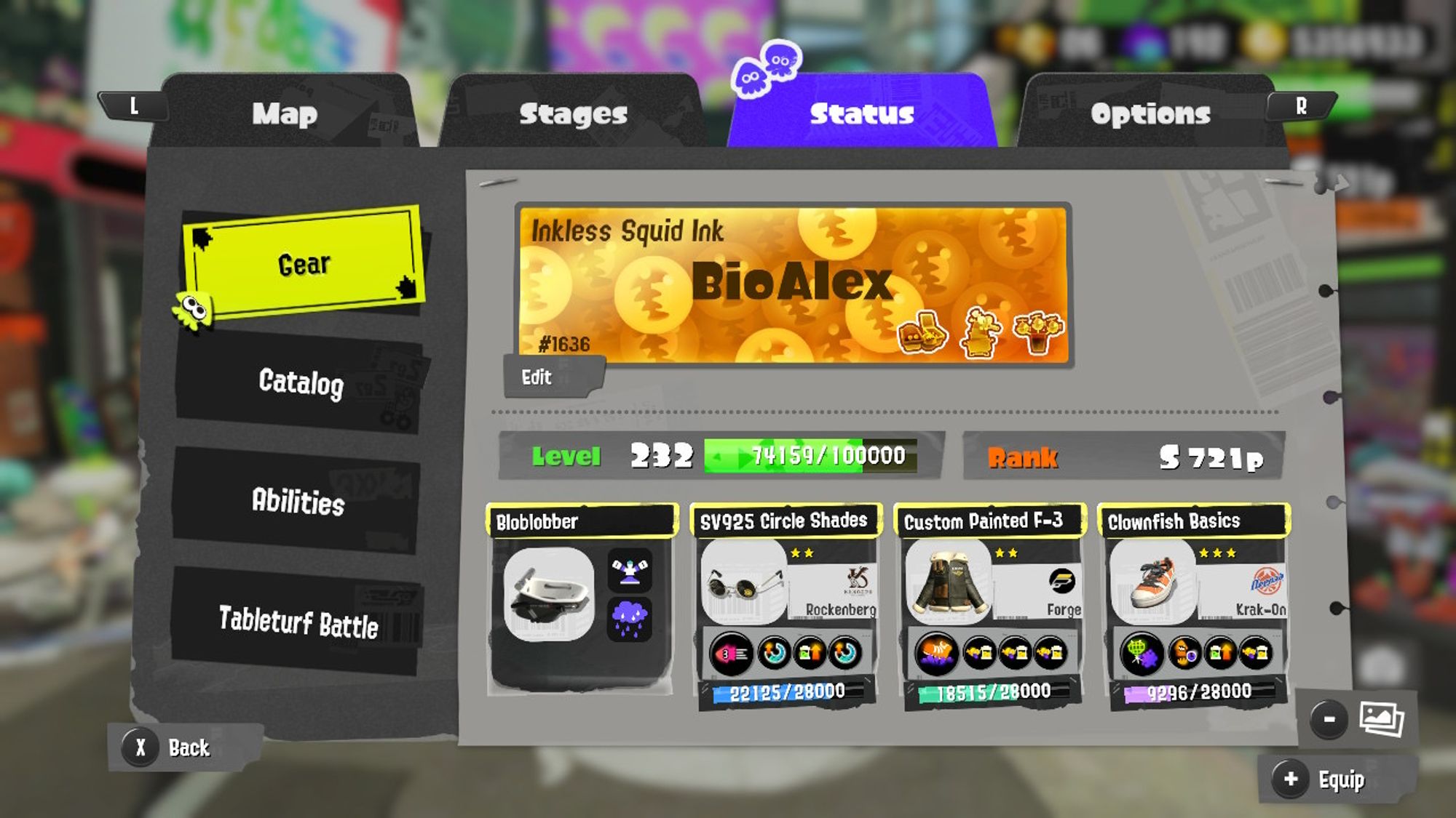 Screenshot from Splatoon 3 showing my new Gold Salmon Run banner with my name, BioAlex, my title which reads "Inkless Squid Ink", and 3 gold Salmon Run boss badges for Flyfish, Stingers, and Fishsticks.