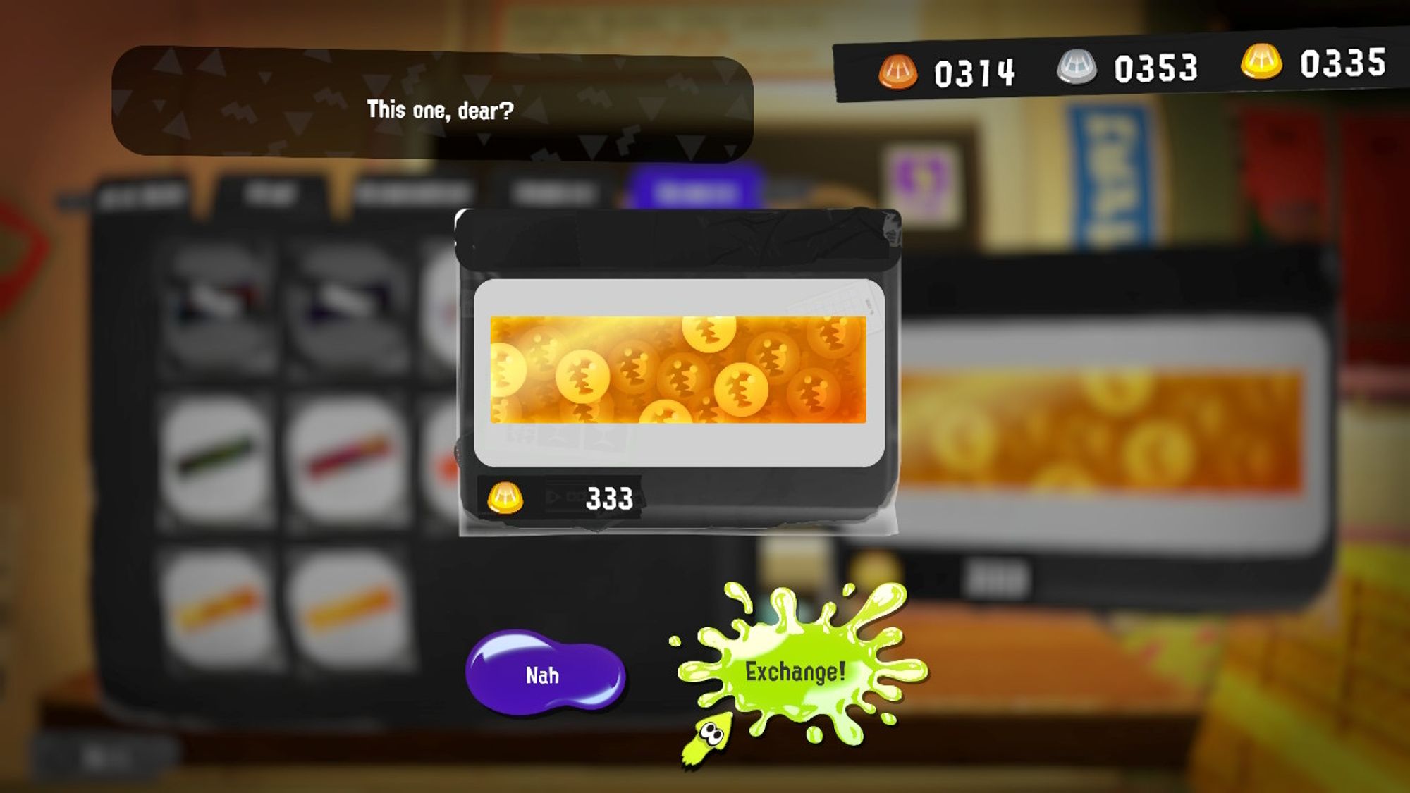 Screenshot from Splatoon 3 showing me about to spend 333 gold scales on a gold Salmon Run banner, my first.