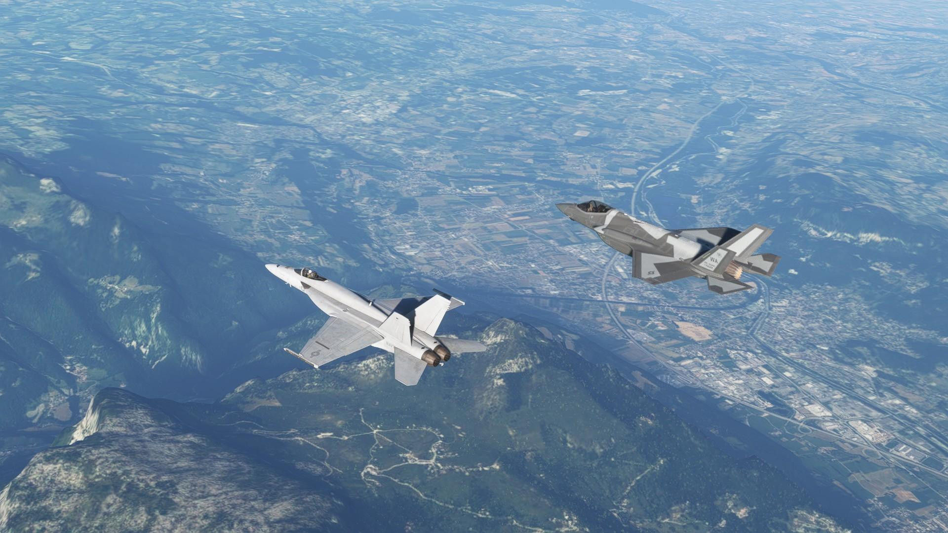 An F-18 and an F-35 in formation flight together