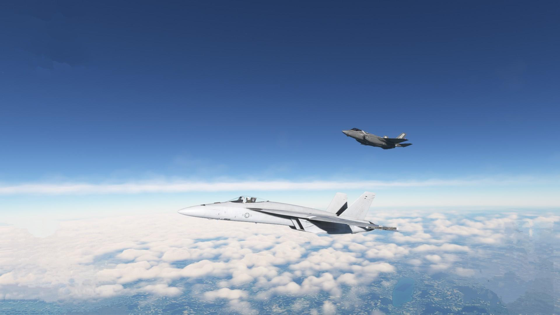 An F-18 and an F-35 in formation flight together