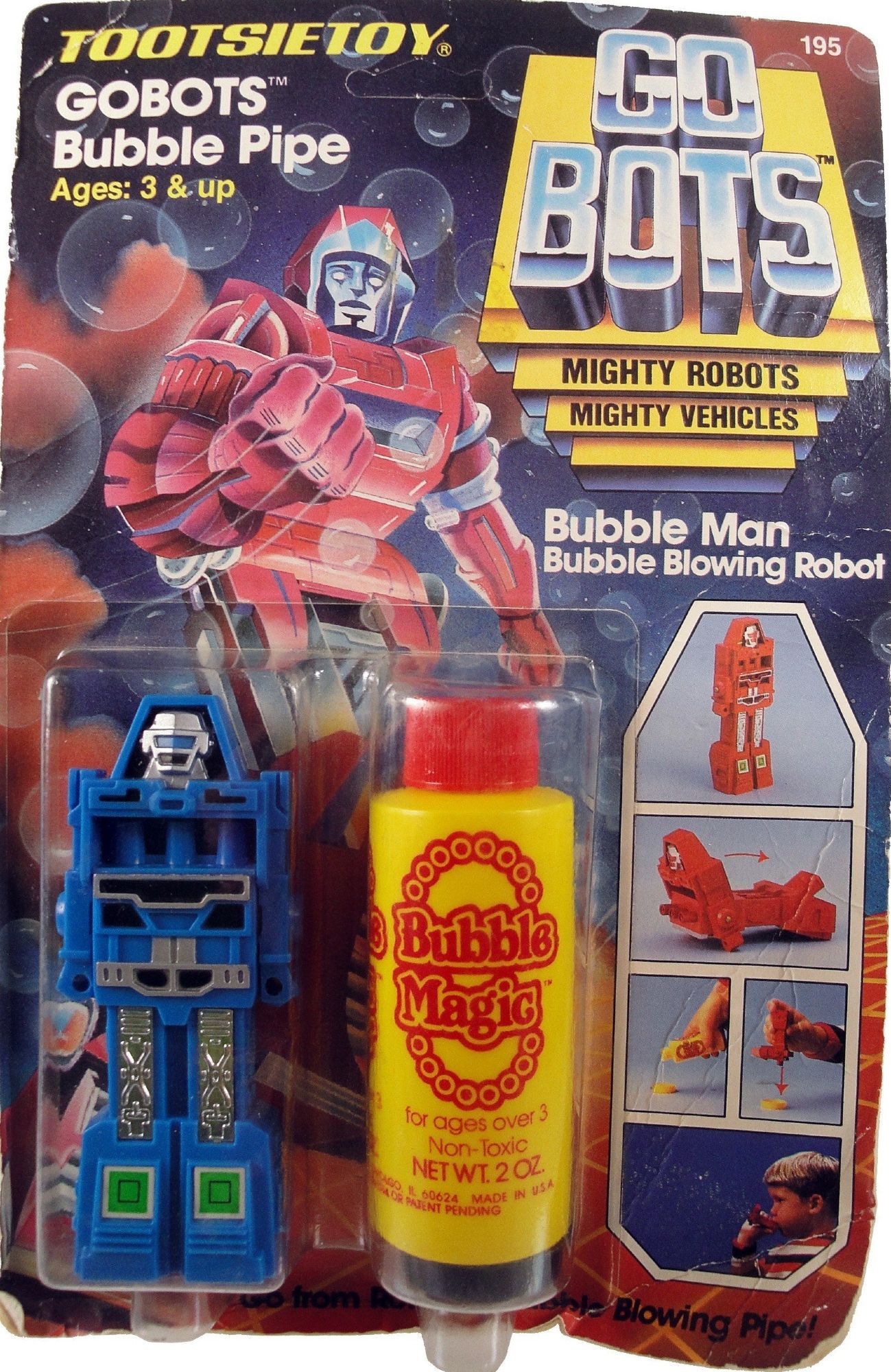 Photo of a GoBots toy called BubbleMan, who blows bubbles out of his nipples.