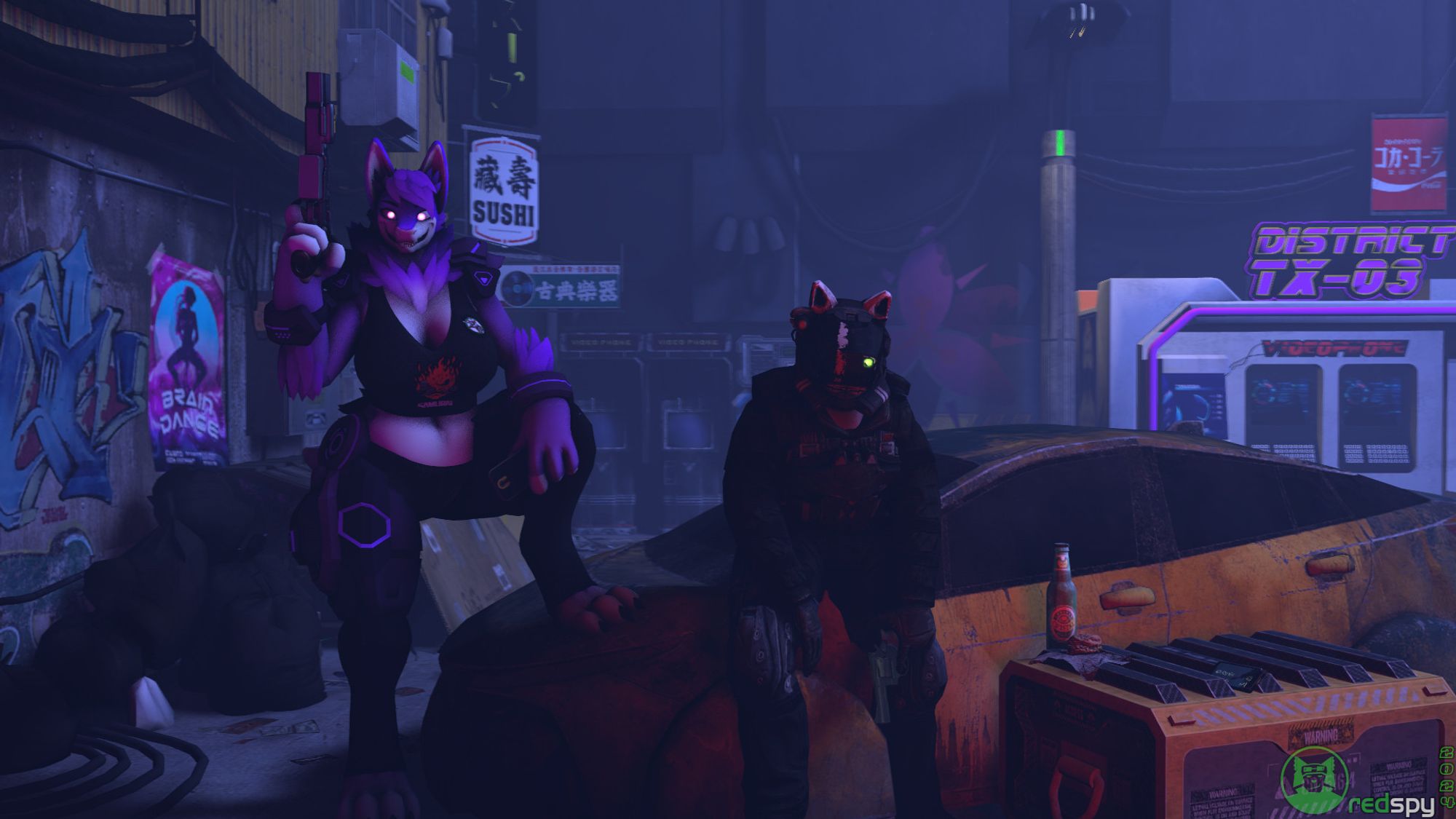 A cyberpunk-themed piece set in a dingy, urban backalley of a non-descript city. My character Joseph sits to the right next to a rusted metal crate wielding a Manurhin MR73 revolver while my partner Lily's OC stands to the left wielding an upscaled version of Cyberpunk's Johnny Silverhand's iconic firearm, the Malorian Arms 3516. Lily's lookin; a little sadistic and I'm just relaxing on the side.