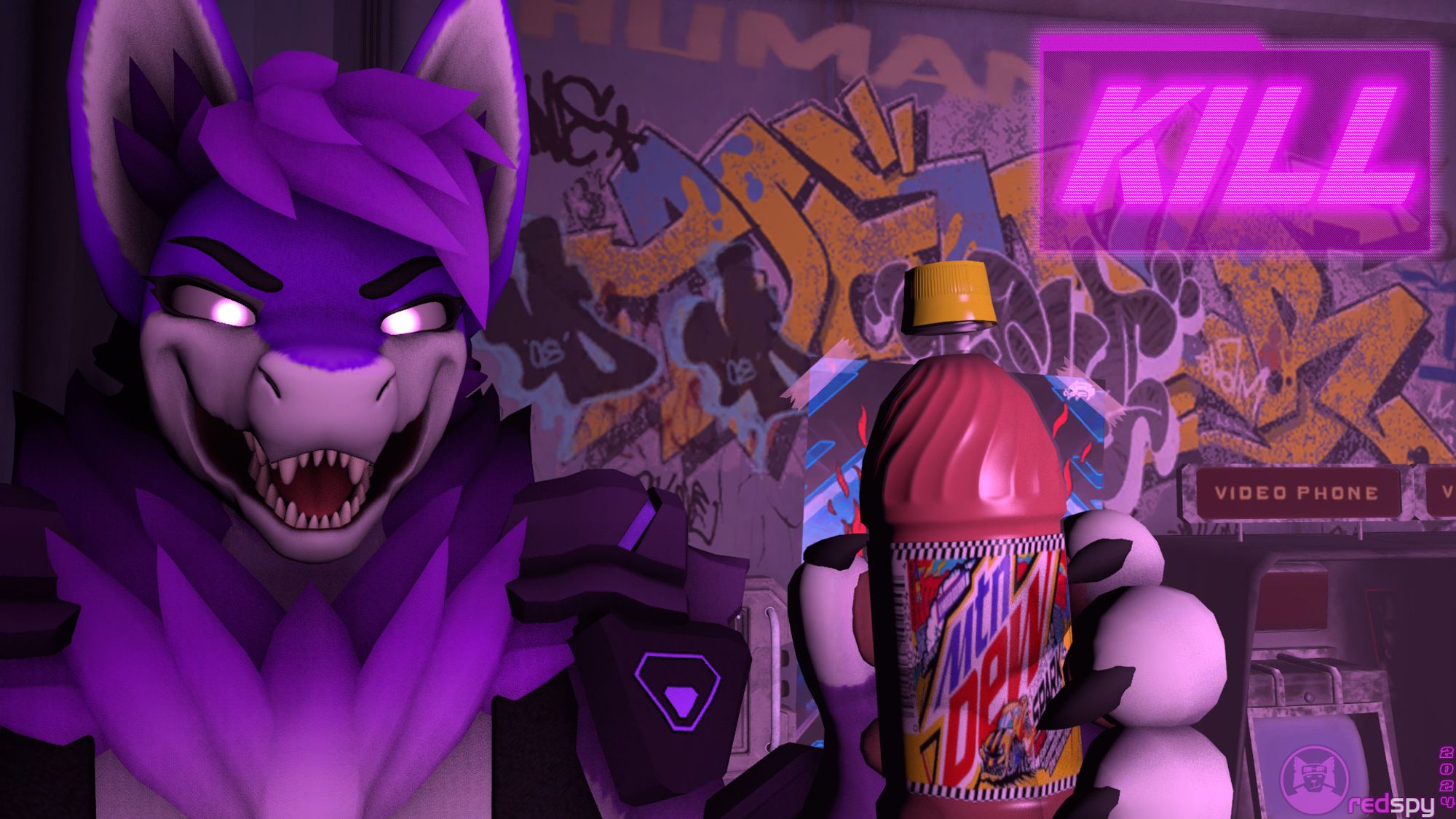 My partner's character, a purple mamagen, standing in front of a wall with some graffiti on it and two phone booths in front of it. She's holding a bottle of Mountain Dew Spark and has a look of murderous intent on her face. The text beside her in bright pink says "KILL" in bold print.