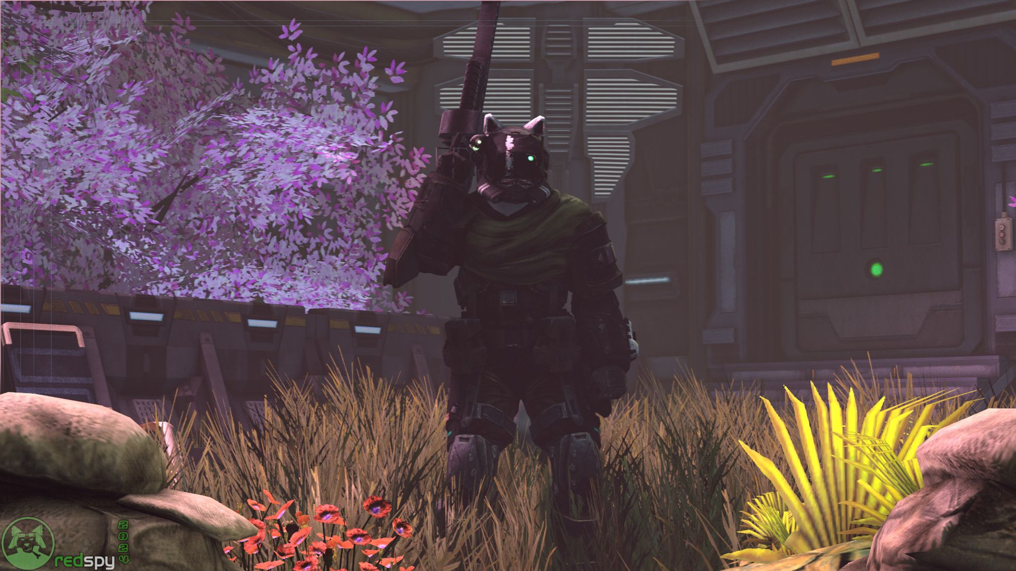 Source Filmmaker artwork of my personal OC, Joseph Piers. He's standing in front of a sci-fi facility or laboratory with various brightly colored fauna and trees around it. He's holding a light machine gun over his shoulder and staring blankly into the camera, which is set behind two sandbags.